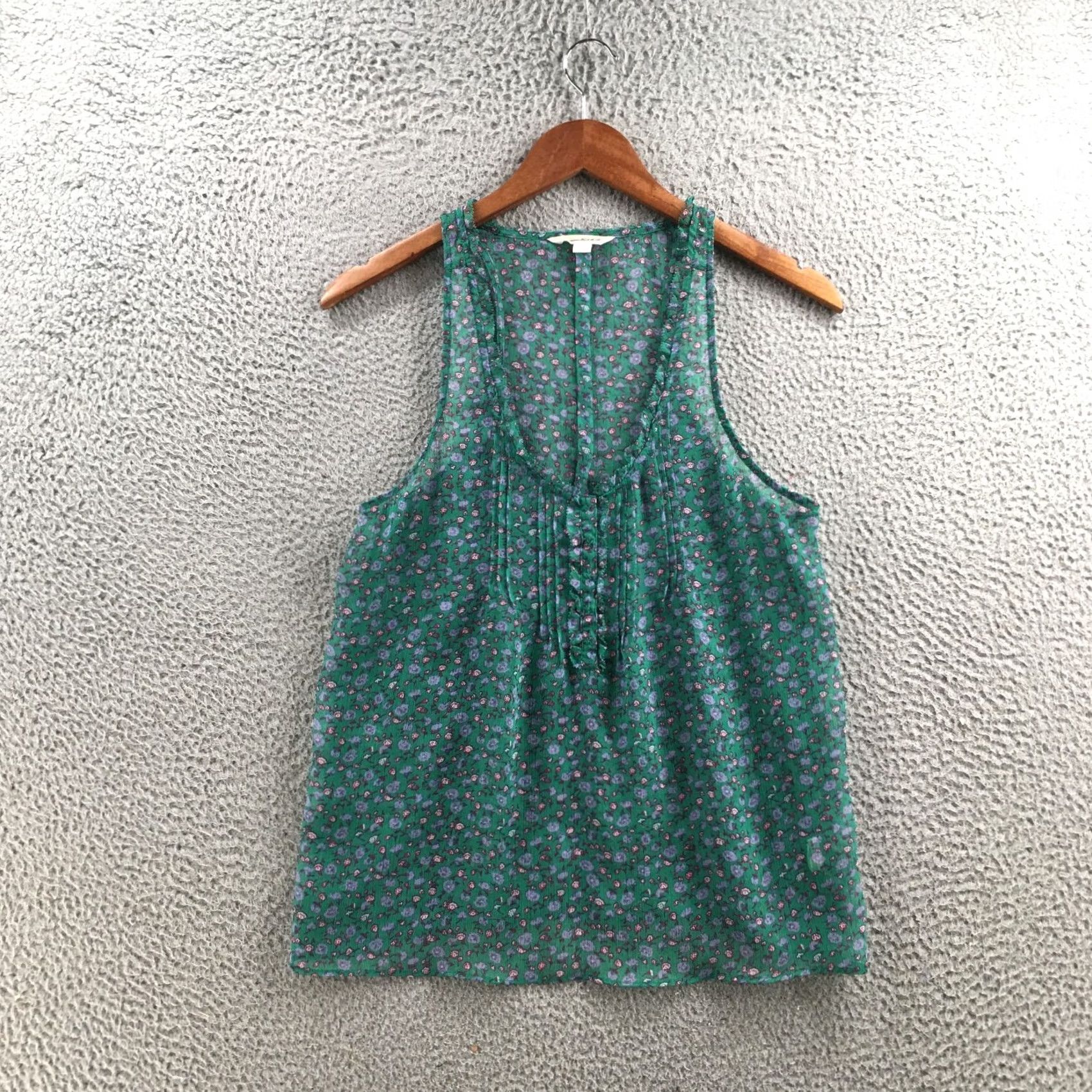 American Eagle Outfitters American Eagle Outfitters Tank Womens 2 Green Floral Racerback Pleated Scoop Neck Sleeveless Casual Light Breathable Sheer Size XS / US 0-2 / IT 36-38 - 2 Thumbnail