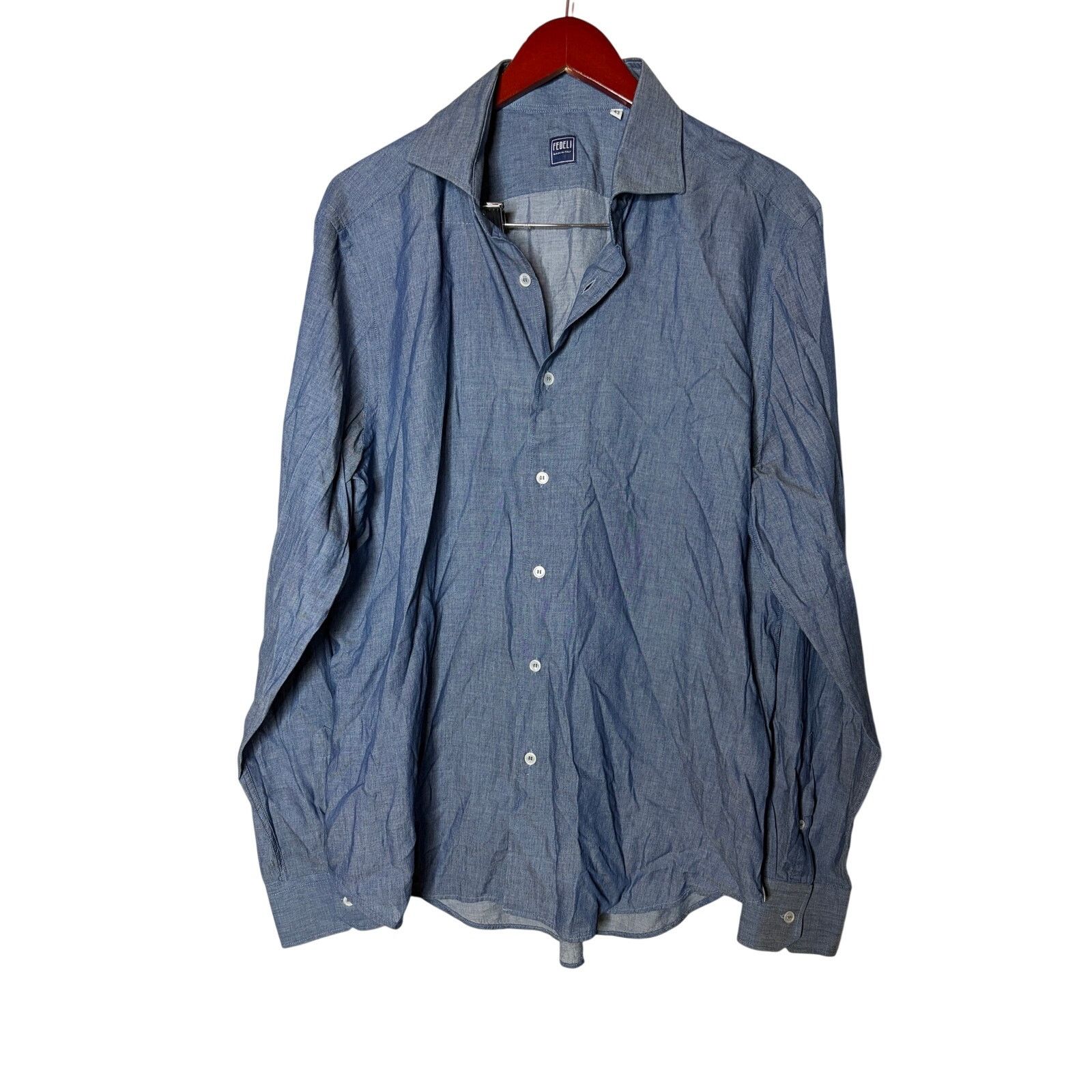 Fedeli Fedeli Chambray Blue 100% cotton button down dress shirt 17 Size US XL / EU 56 / 4 - 1 Thumbnail