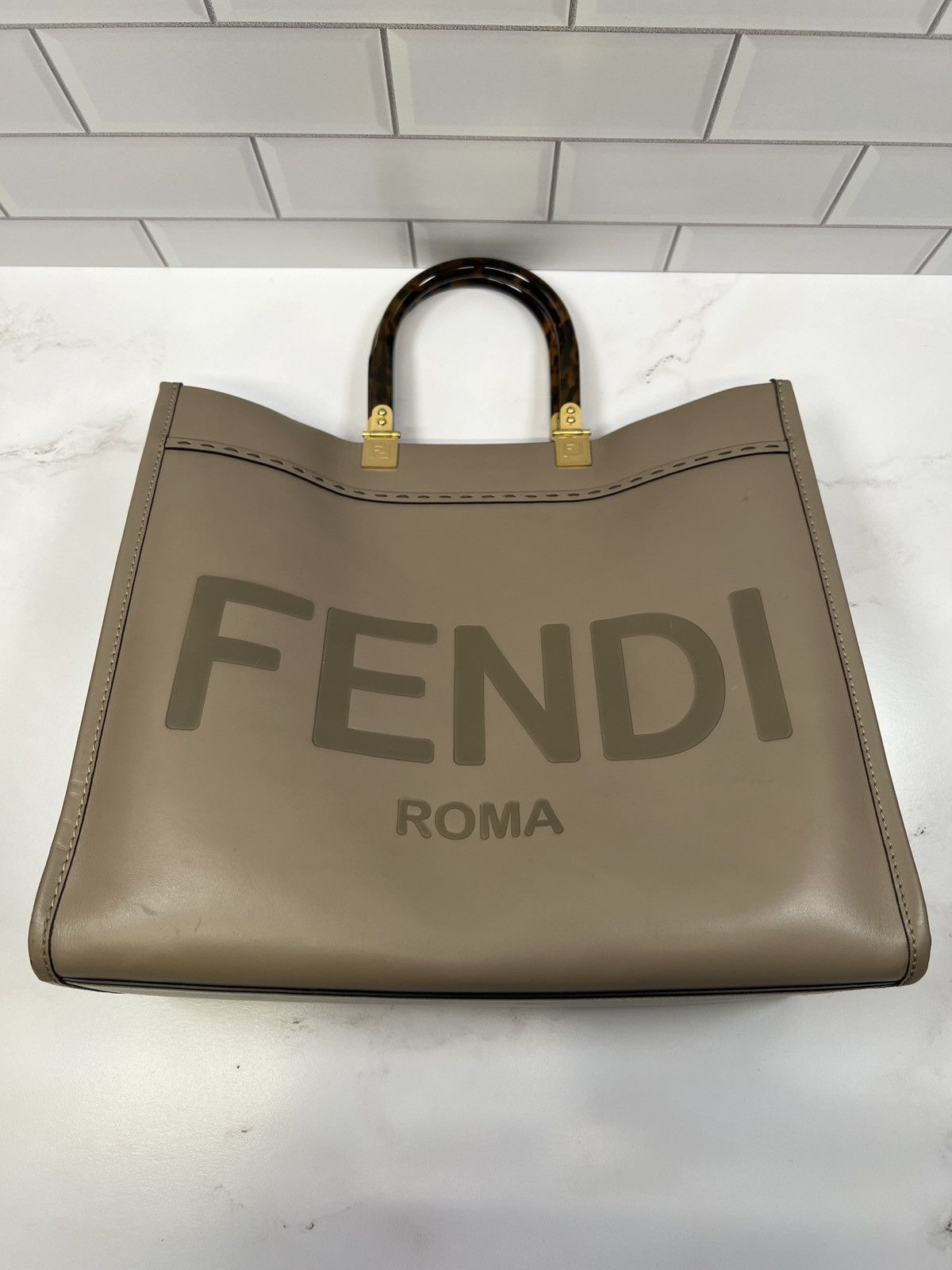FENDI Tan Sunshine Calfskin Medium Tote Bag Purse