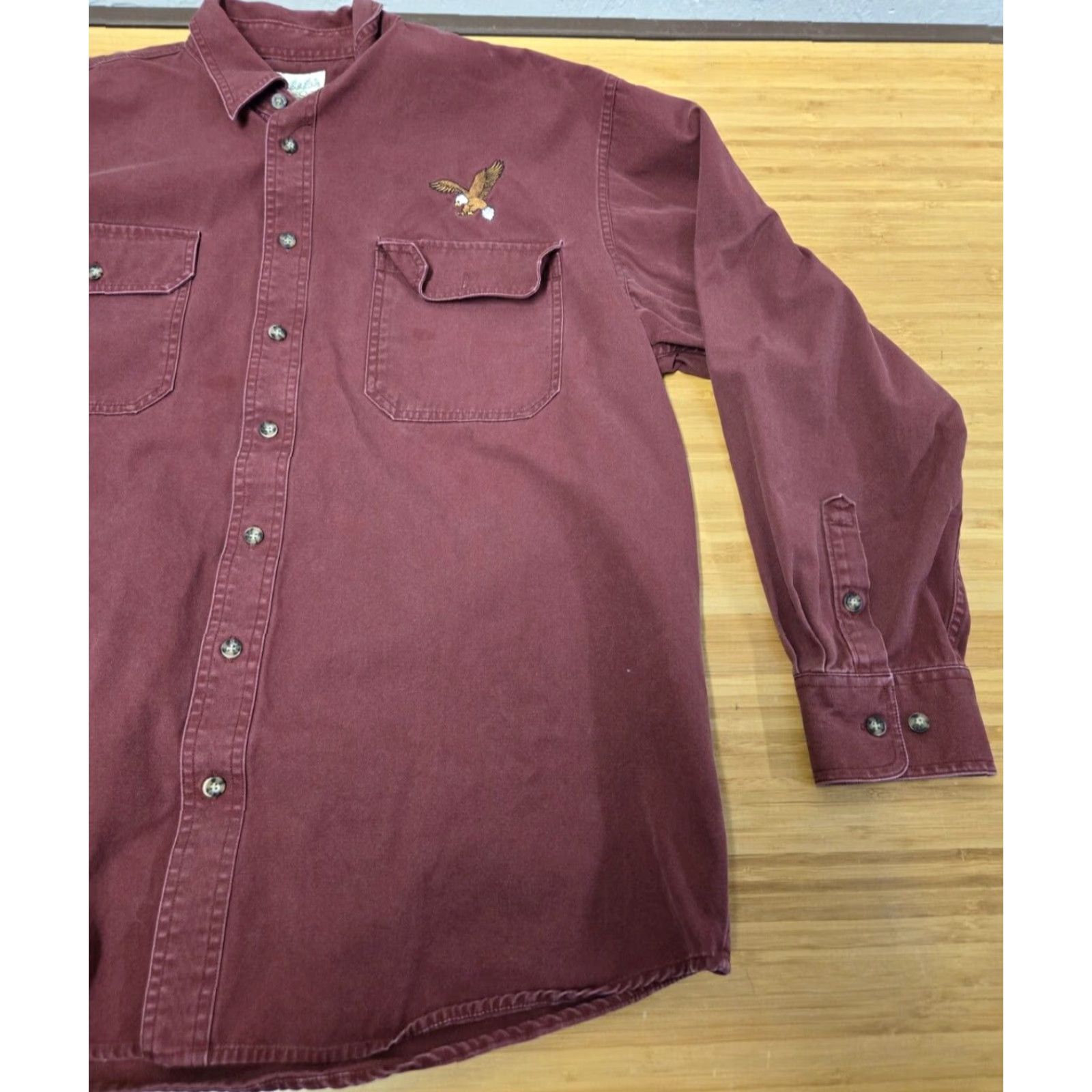 Vintage Cabela's Button-Up Shirt Burgundy Embroidered Eagle XLT Men’s Long Sleeve Casual Workwear Travel Button-Down Pocketed Cotton Peru Made in Peru Size US XL / EU 56 / 4 - 2 Thumbnail