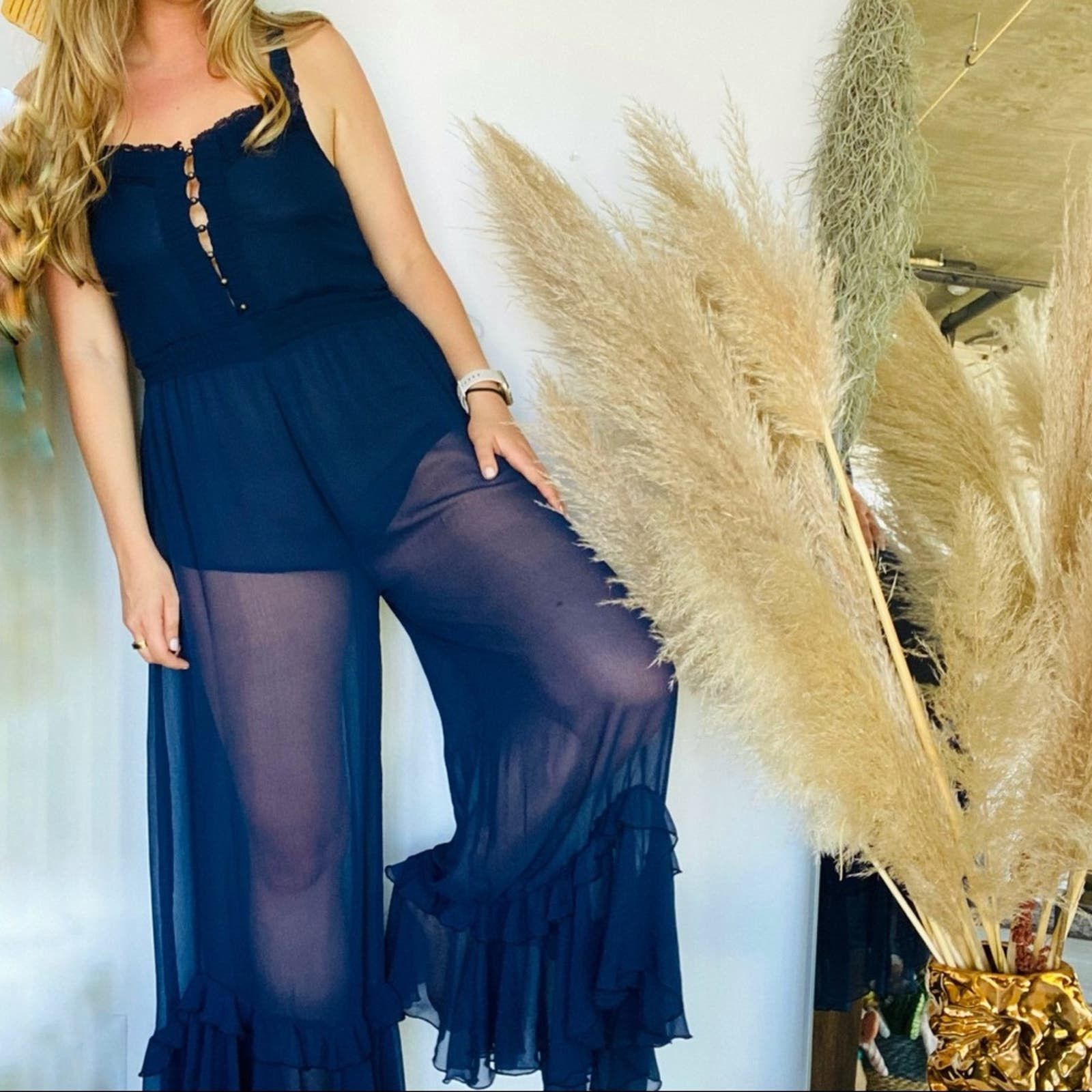 image of New Free People Fp Blue Tank Top Sheer Jumpsuit Flares Short, Women's (Size 26)