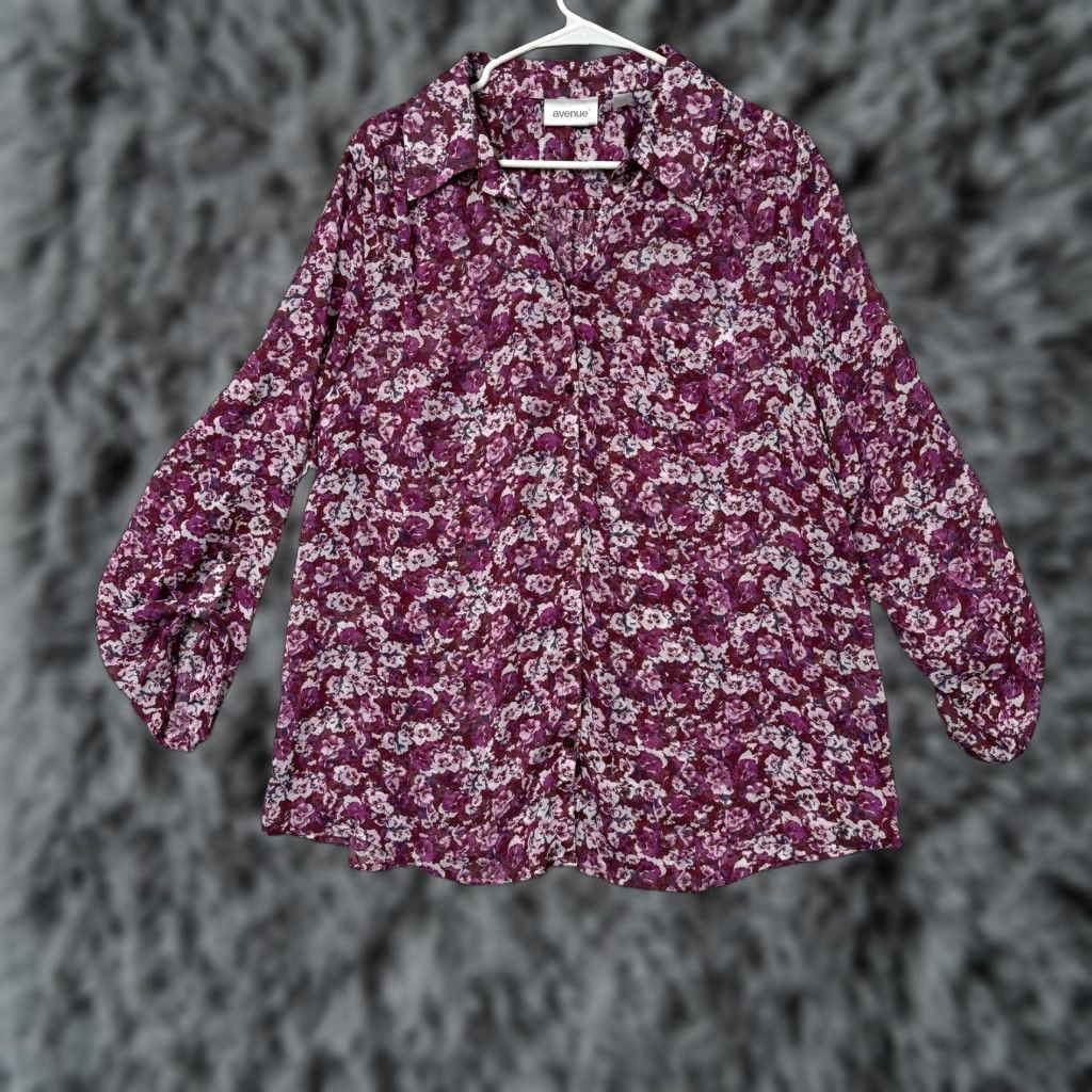 Avenue Avenue Blouse Womens 18/20 Plus Purple Floral Chiffon Boho Cottagecore Layering Size XXL / US 16-18 / IT 52-54 - 1 Thumbnail