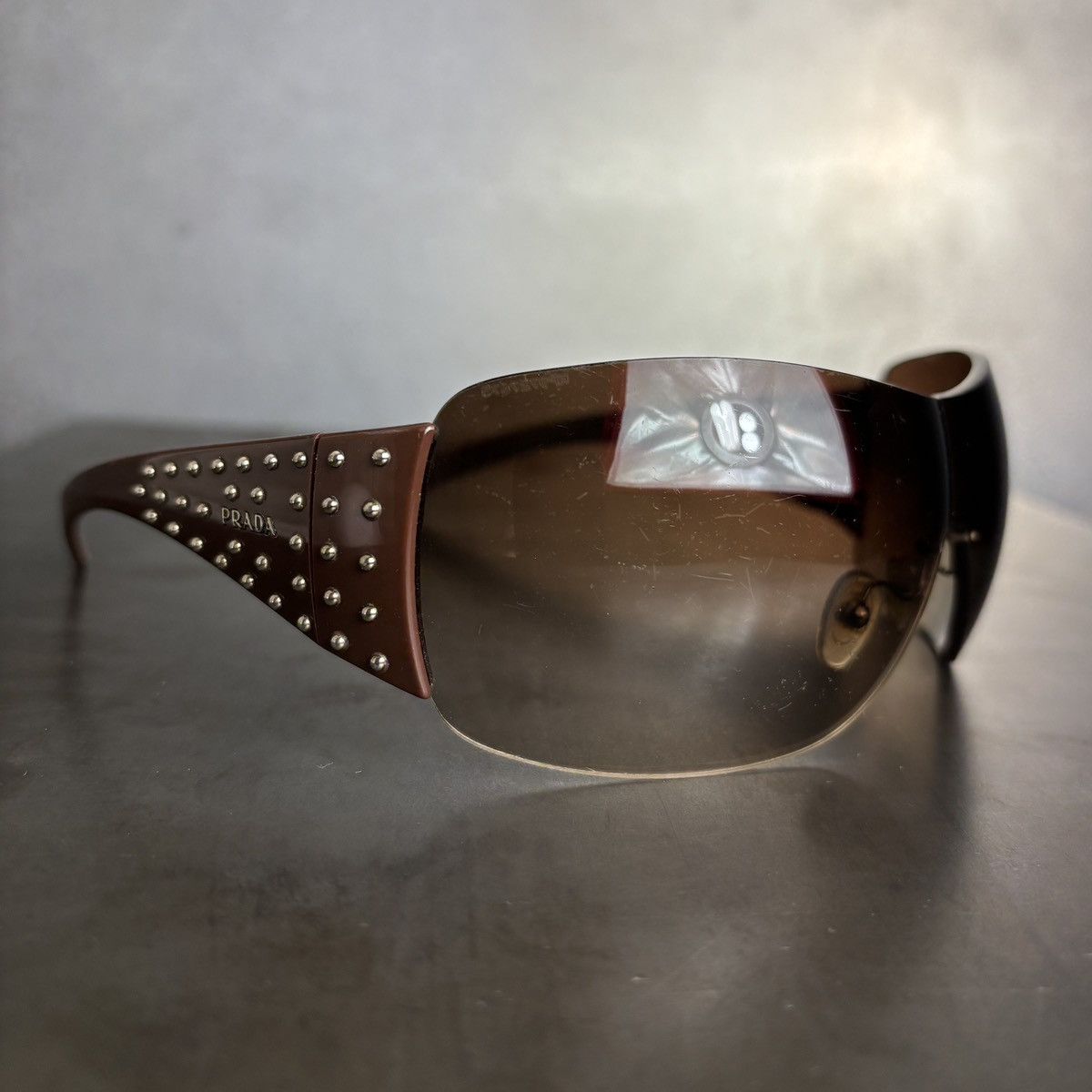 Prada 2011 Prada Sunglasses Y2K Prada Studded Shield Wrap SPR 29L Size ONE SIZE - 3 Thumbnail