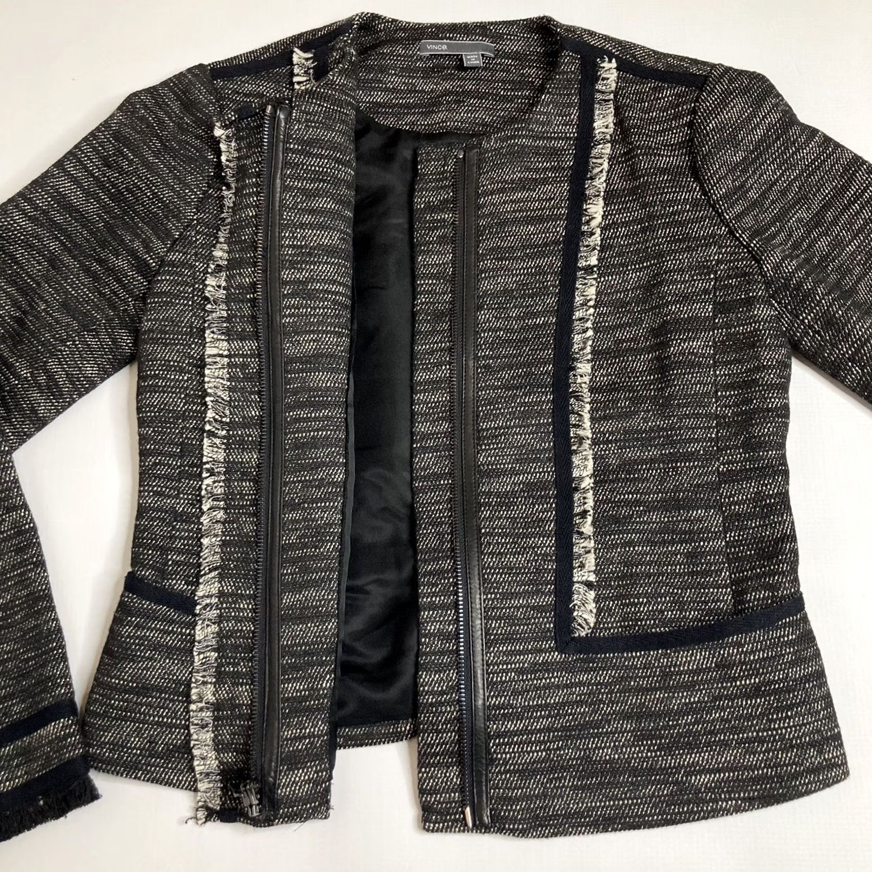 Vince Vince Tweed Zip Jacket Leather & Fringe And Leather Trim Boucle Size 0 Womens Jacket Size XS / US 0-2 / IT 36-38 - 3 Thumbnail