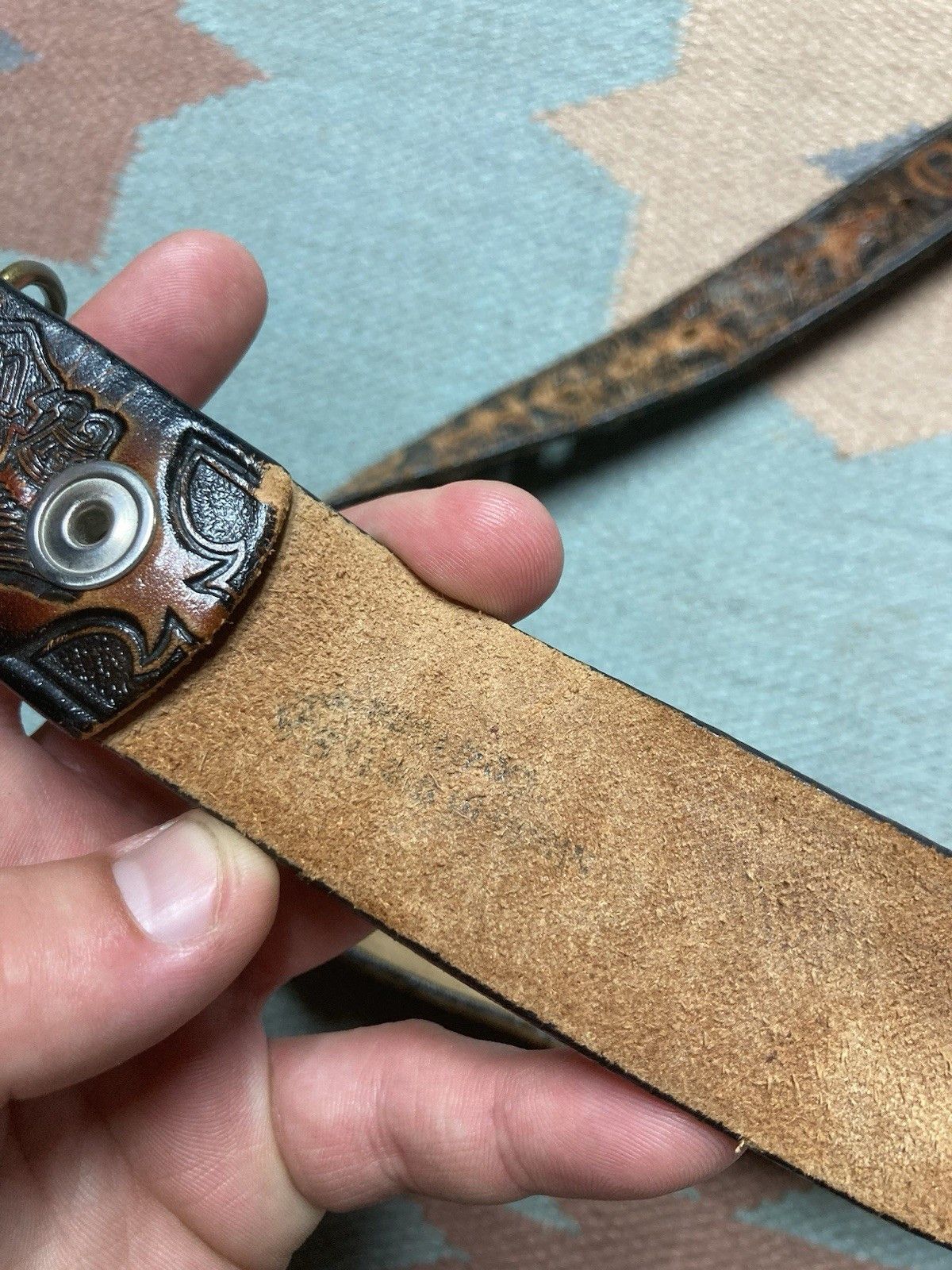 Vintage Honda gold wing leather belt heritage buckle brass patina Size 34 - 7 Thumbnail