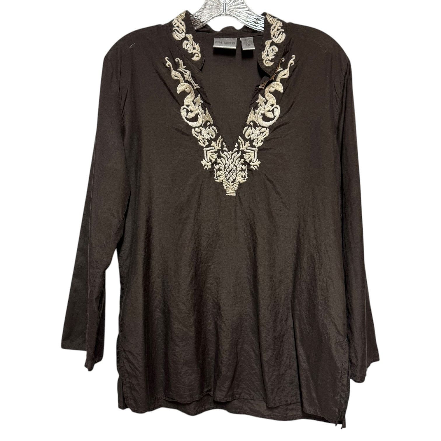Chicos Chico's Cotton Silk Tunic Top Brown Cream 1 / Medium Size M / US 6-8 / IT 42-44 - 1 Thumbnail