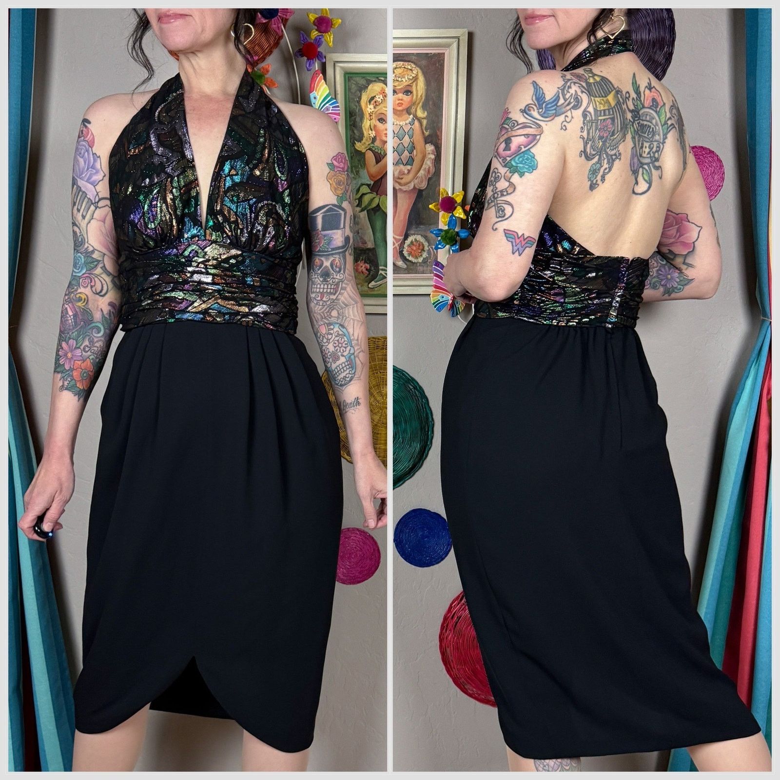 Vintage Vintage 1980s Black Lurex Halter Neck Tulip Cocktail Dress Size S / US 4 / IT 40 - 3 Thumbnail