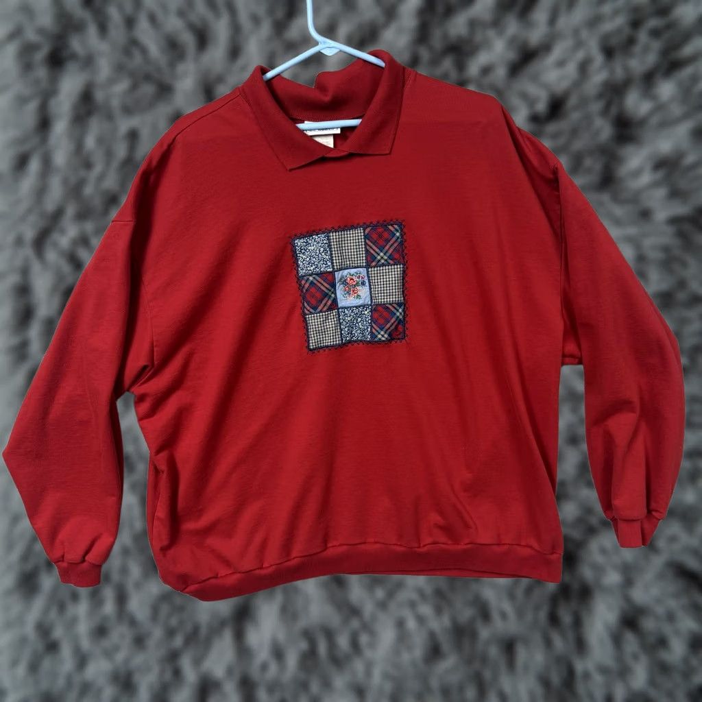 Jantzen VINTAGE Jantzen Sweater 3X Plus Patchwork Quilt Embroidered Cabincore Red Women's Knit Pullover Casual Winter 80s 90s Size XXL / US 16-18 / IT 52-54 - 1 Thumbnail
