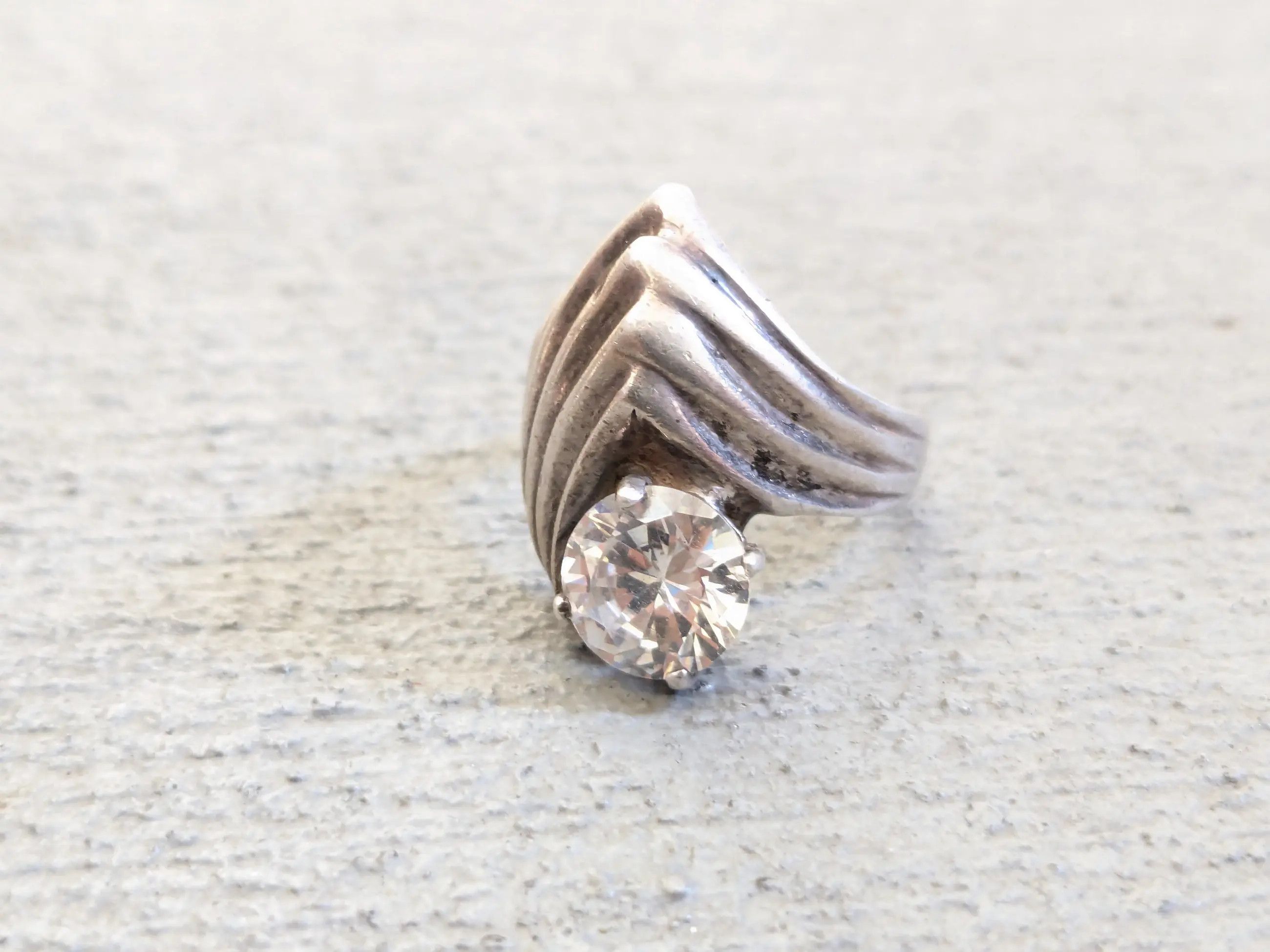 Jewelry × Vintage Sterling Silver Ring CZ Clear Round 7 Mexico Taxco Modern Size ONE SIZE - 3 Thumbnail