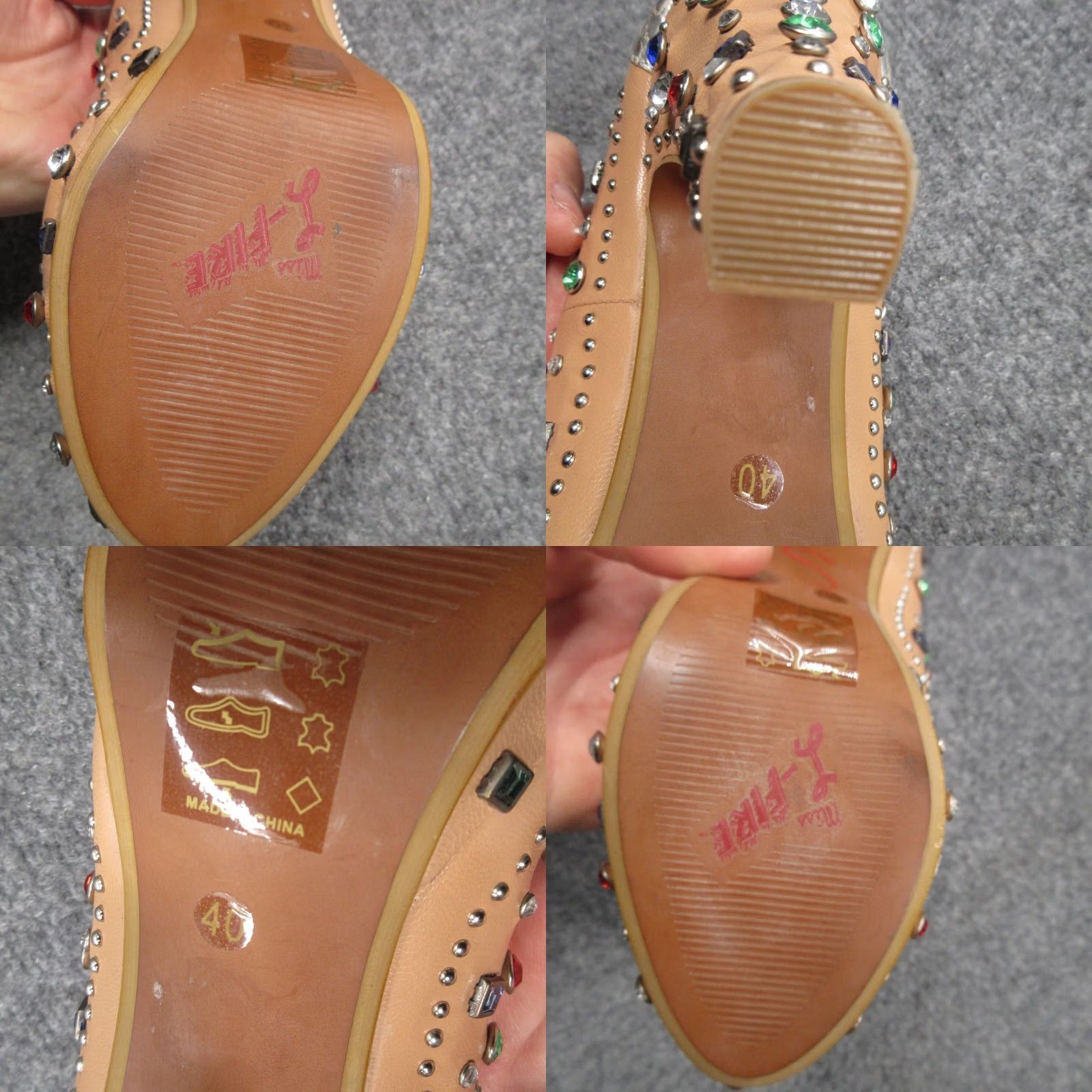 Vintage Miss L'Fire Showgirl Sandal Womens 9 Beige Leather Studded Rhinestone Slip-On Block Heel Shoes 40 Size US 9 / IT 39 - 8 Thumbnail