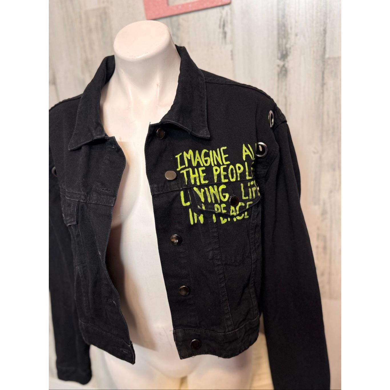 Other Fashion Nova Black Denim Jacket L – Graphic Mona Lisa Back Print “Shut Up” Imagine All The People Quote Women’s Large Size L / US 10 / IT 46 - 4 Thumbnail