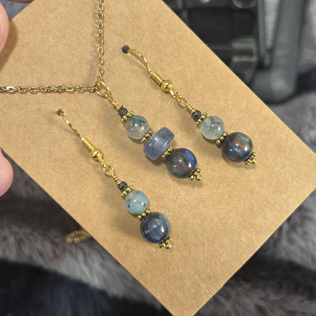 Handmade Handcrafted cat eye glass dragon vein agate necklace set Size ONE SIZE - 1 Thumbnail