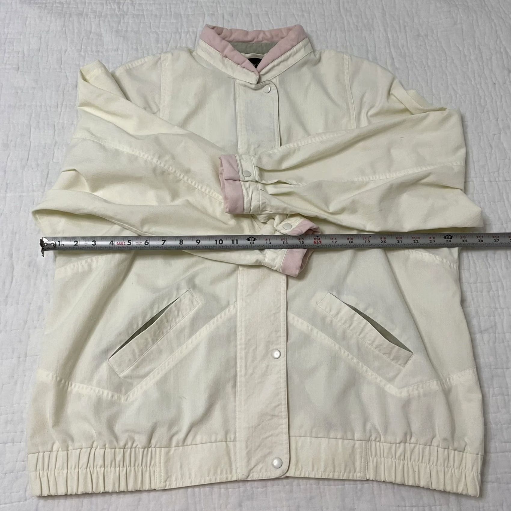 Vintage VINTAGE YR Women's Jacket 2XL Snap Button Shoulder Pads Cream Pink Green 80s Retro Windbreaker Jacket Size XXL / US 16-18 / IT 52-54 - 7 Thumbnail