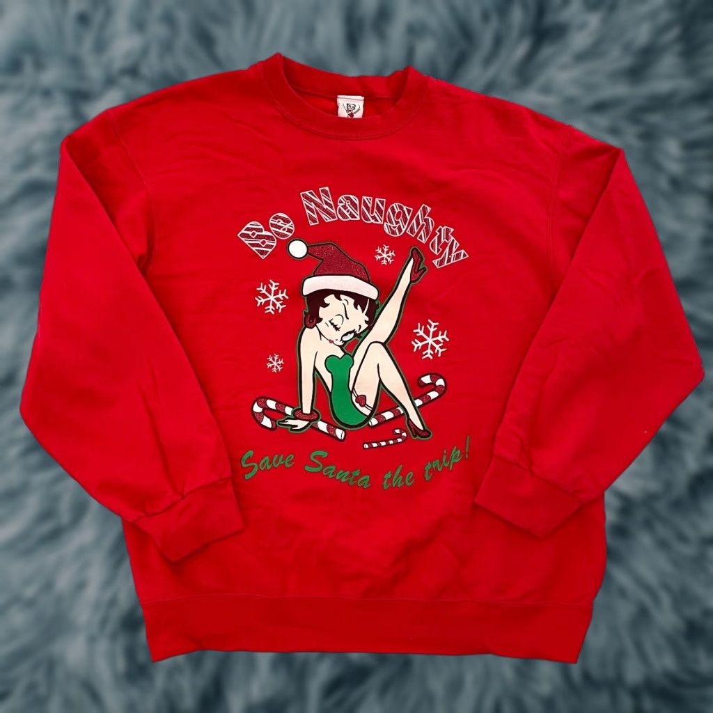 VINTAGE Betty Boop Sweater Women L Red Christmas Fleece Pullover Crew Neck Glitter Logo 90s Y2K Womens