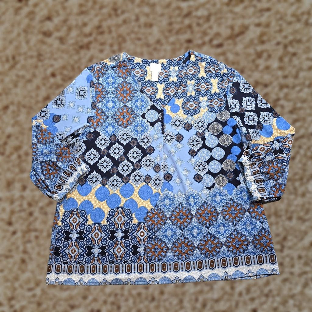 Vintage Chicos Top Womens Size XL Blue Patchwork Mosaic V Neck 3/4 Sleeve Career Casual Blouse Shirt Womens XL Blue Patchwork Mosaic V-Neck 3/4 Sleeve Glass? Size XL / US 12-14 / IT 48-50 - 1 Thumbnail