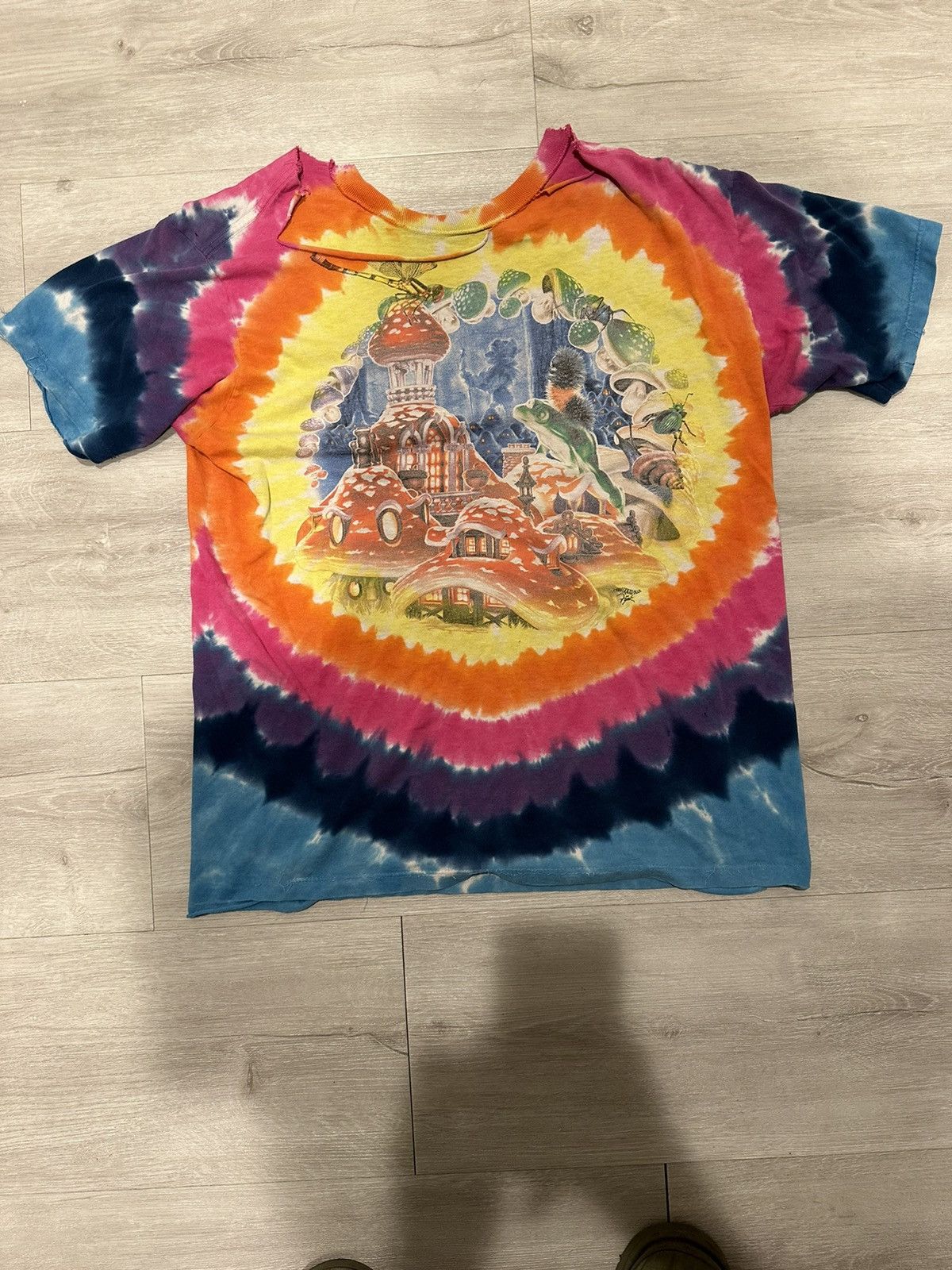 image of Liquid Blue Mushroom Garden Elf Thrashed T-Shirt in Tie Dye, Men's (Size Large)