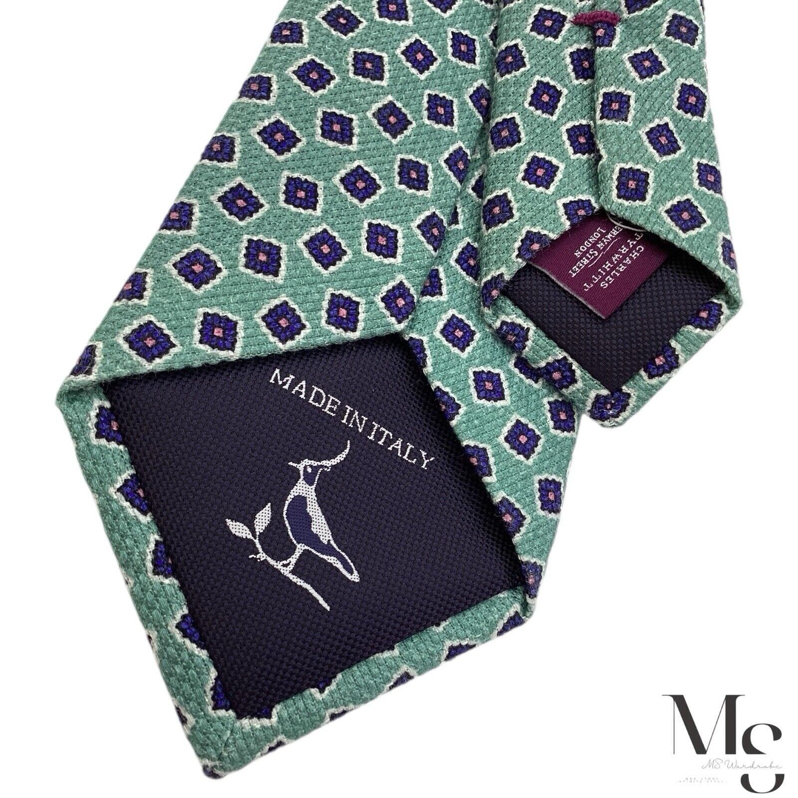 Charles Tyrwhitt CHARLES TYRWHITT XL Green Geometric Silk Blend Tie H.Made In Size ONE SIZE - 6 Thumbnail