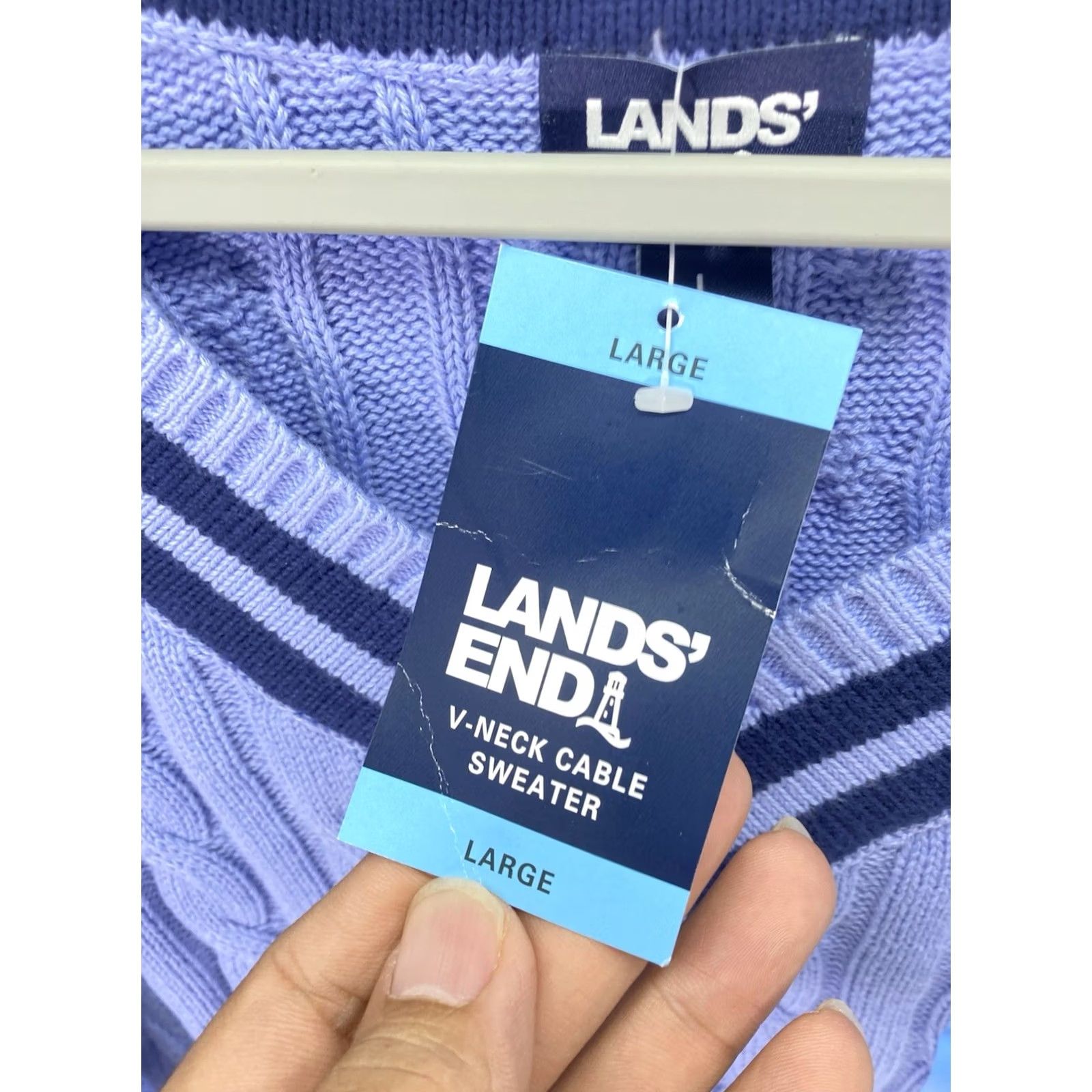 Lands' End Lands' End V Neck Cable Sweater Women Large Blue Long Sleeve Pullover Cotton NWT Size L / US 10 / IT 46 - 4 Thumbnail