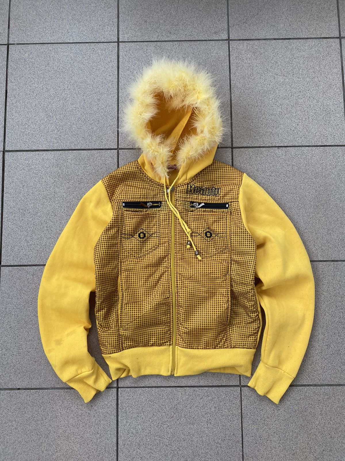 image of Archival Clothing x Beauty Beast Vintage Fur Feather Ifsixwasnine Lgb Style Bomber Zip Hoodie in Ye