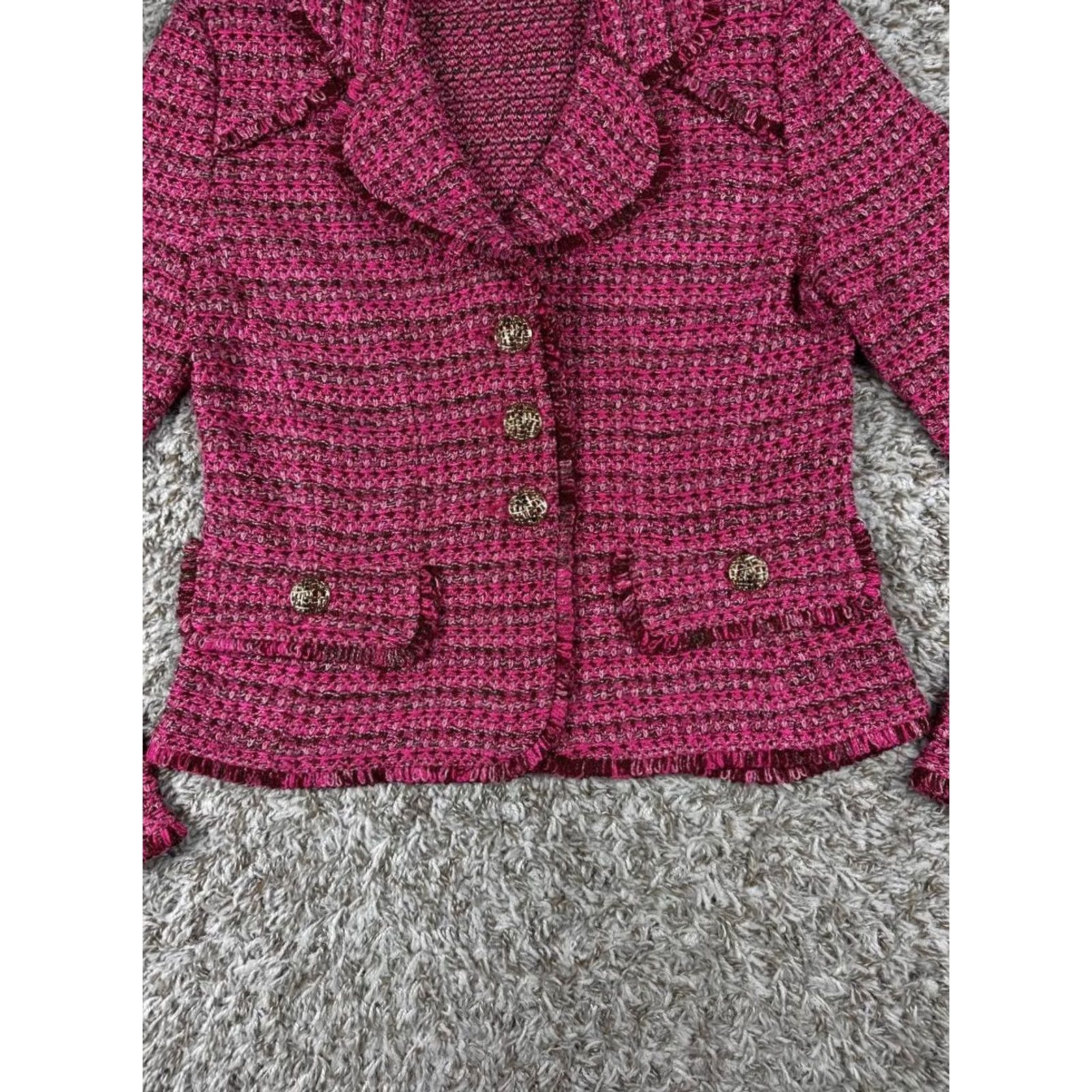St. John St. John Collection Blazer Jacket Sz S Pink Bouclé Knit Fringe Trim Gold Buttons Women Size S / US 4 / IT 40 - 3 Thumbnail