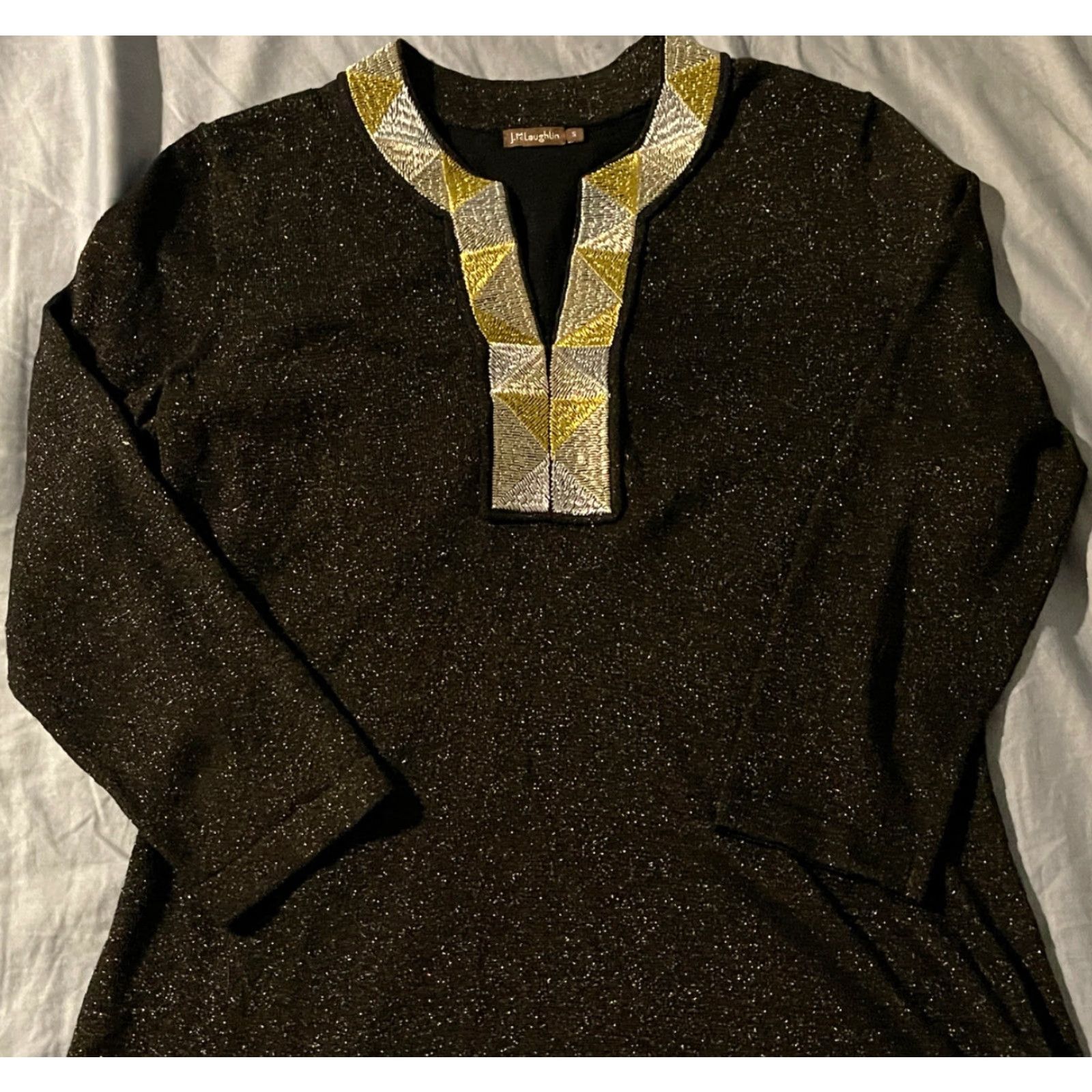 J.McLaughlin J. McLaughlin Tunic Sweater Womens Small Black 3/4 Sleeves Metallic Trim Boho Classic Modern Size S / US 4 / IT 40 - 2 Thumbnail