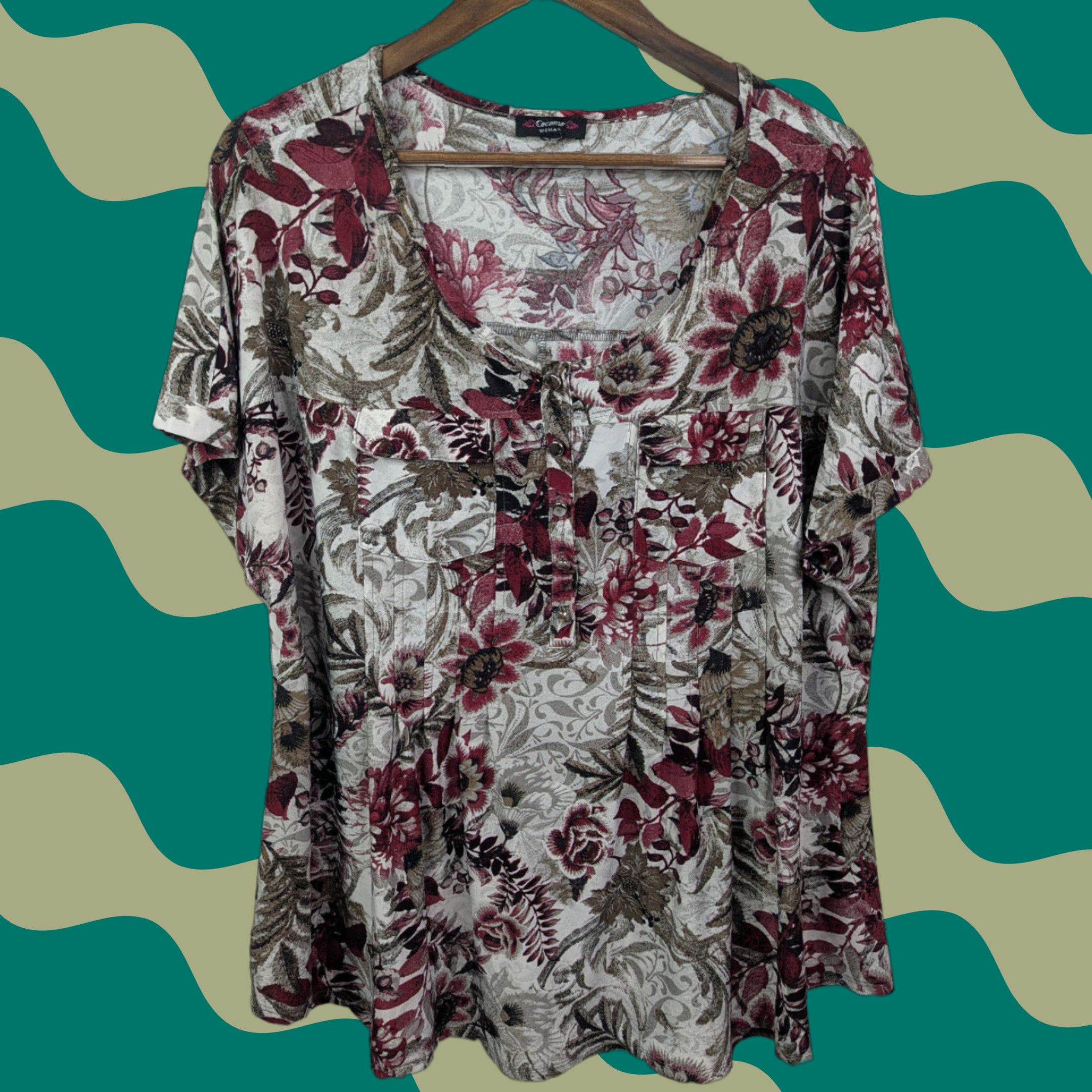 Vintage Cocomo Woman 2X Floral Leaf Cap Sleeve Pintuck Button Top V-Neck Henley Shirt Size XXL / US 16-18 / IT 52-54 - 1 Thumbnail