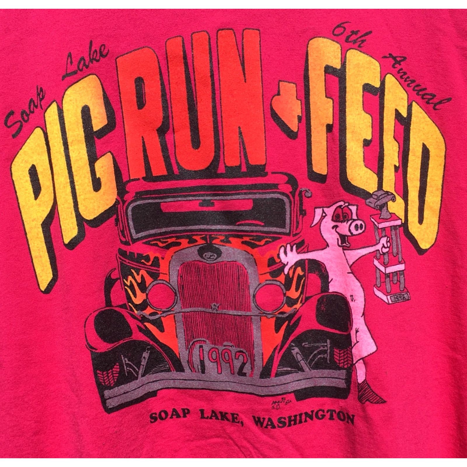 Vintage VINTAGE Screen Stars Best T Shirt XL Pink 1992 Soap Lake Pig Run & Feed Washington Unisex 1990s Graphic Tee Size US XL / EU 56 / 4 - 5 Thumbnail