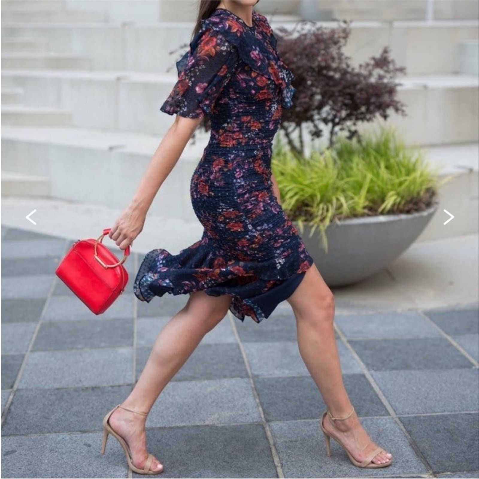 Nordstrom Keepsake Navy Blue Red White Floral Ruffle Ruche Midi Dress Size XS / US 0-2 / IT 36-38 - 8 Thumbnail