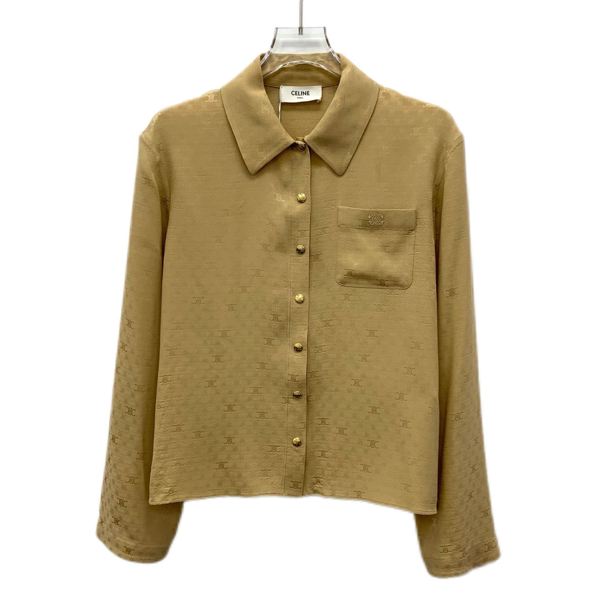 Celine Brown Embossed Logo Silk Button-Up Shirt (Size XXS)