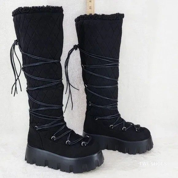Other Winter Stomper 2" Platform Knee Boots Jet Black Fx Fur Trim Size US 8 / IT 38 - 1 Thumbnail