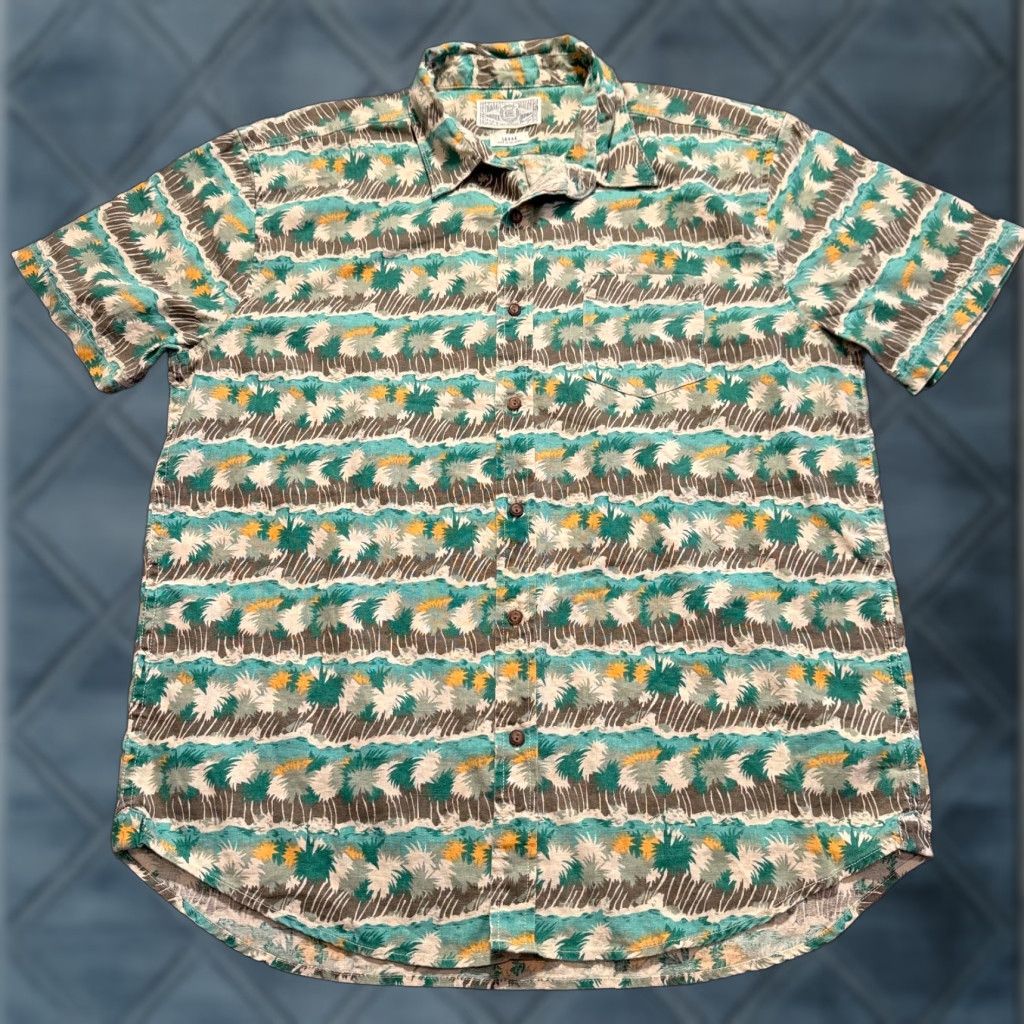 Lucky Brand Shirt Mens Large Green Linen Blend Camp Button Short Sleeve Casual (no extra text)