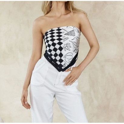 Other ⭐Luxury Silky Square Scarf Bandana Abstract Checkered BLACK Size ONE SIZE - 2 Thumbnail