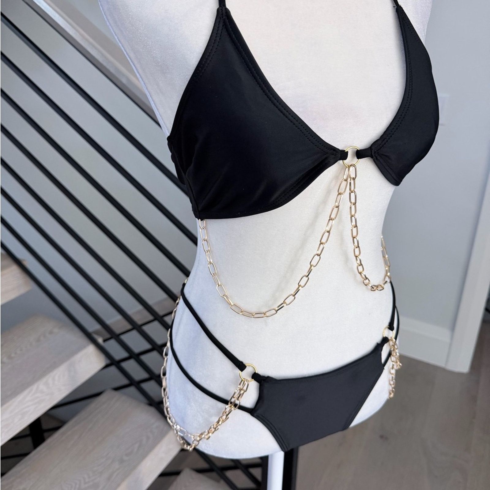 Other New Y2K Black Swimsuit Bikini with Gold Chain Accents size S Size ONE SIZE - 6 Thumbnail