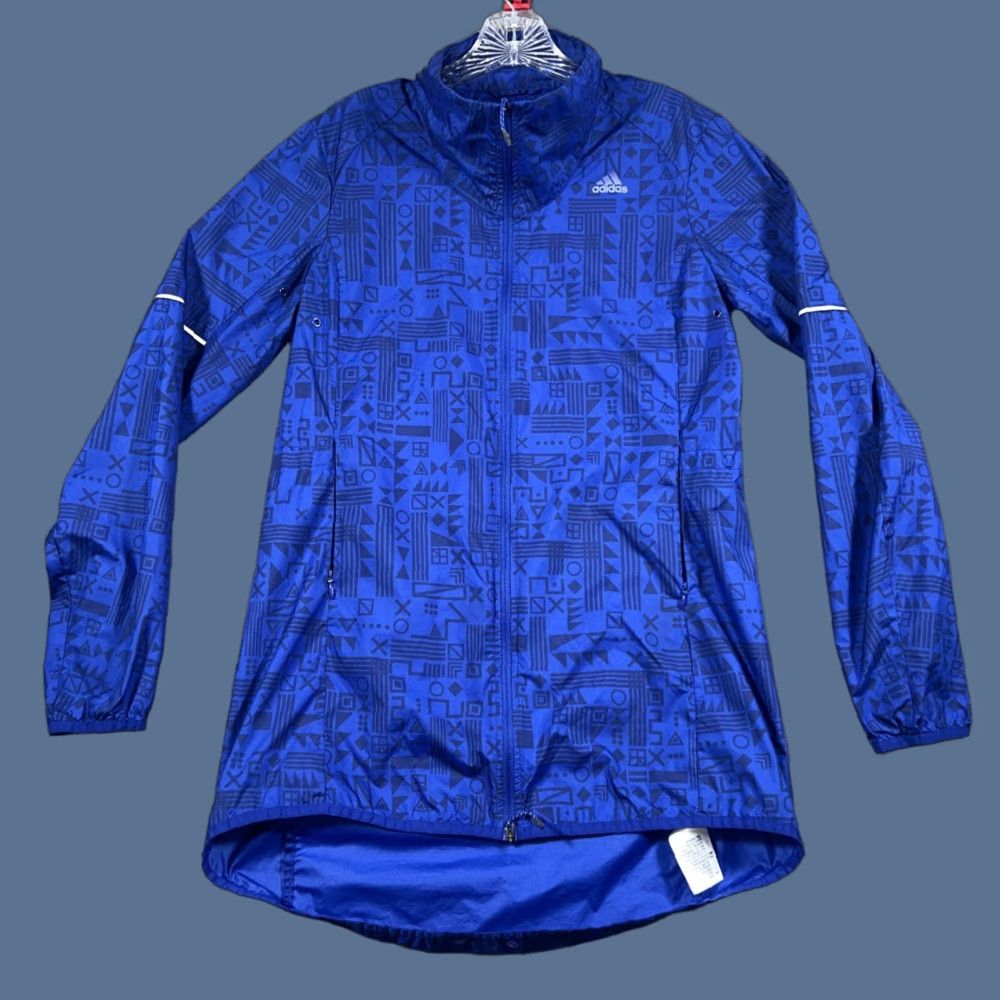 Adidas Jacket Windbreaker Geometric Full Zip Blue M Womens Running Activewear Vented Pocket Windbreaker