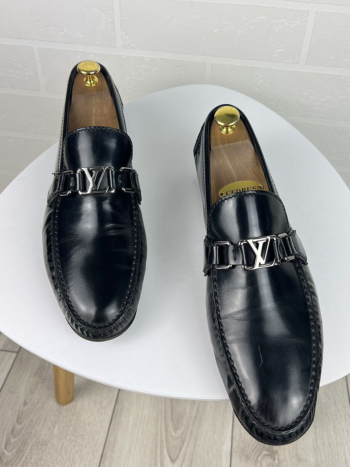 Louis Vuitton Loafers Leather Moccasins Shoes Lv Metal Logo in Black, Men's (Size 9)