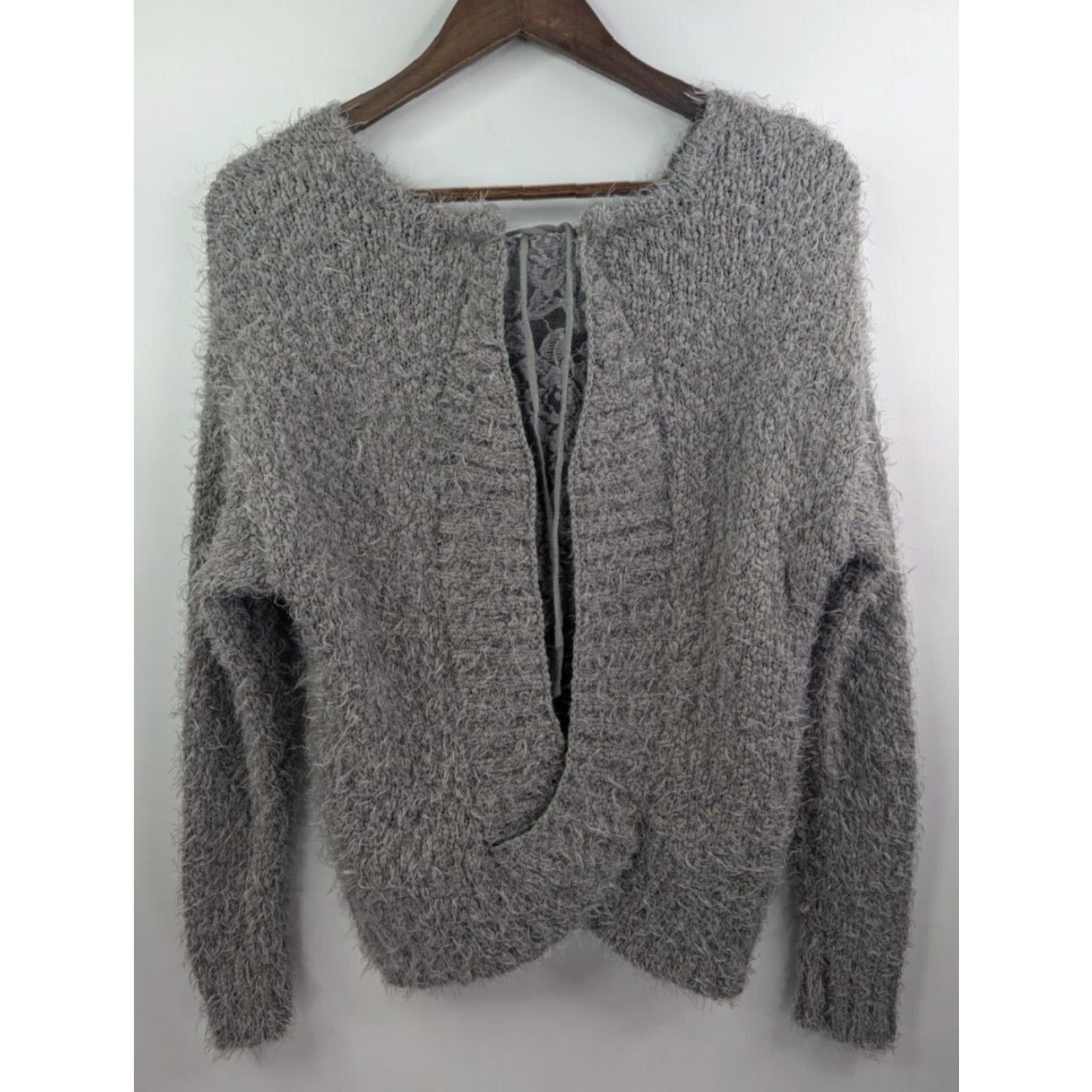 Vintage Knox Rose Sweater M Gray V-Neck Back Cutout Fuzzy Long Sleeve Pullover Women Shirt Size M / US 6-8 / IT 42-44 - 3 Thumbnail