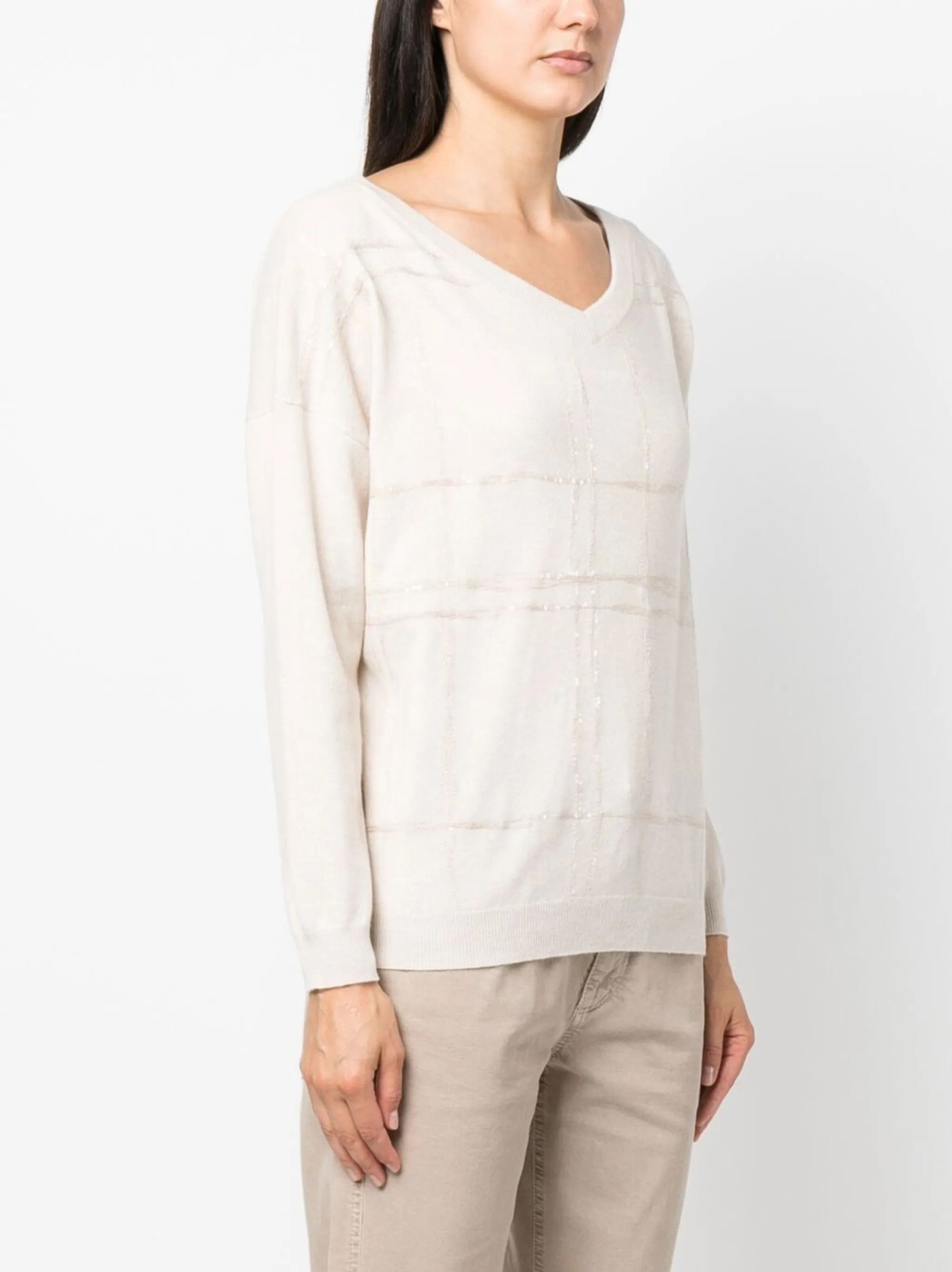 Brunello Cucinelli o1y0825 V-neck Sweater in Ivory Size XS / US 0-2 / IT 36-38 - 3 Thumbnail