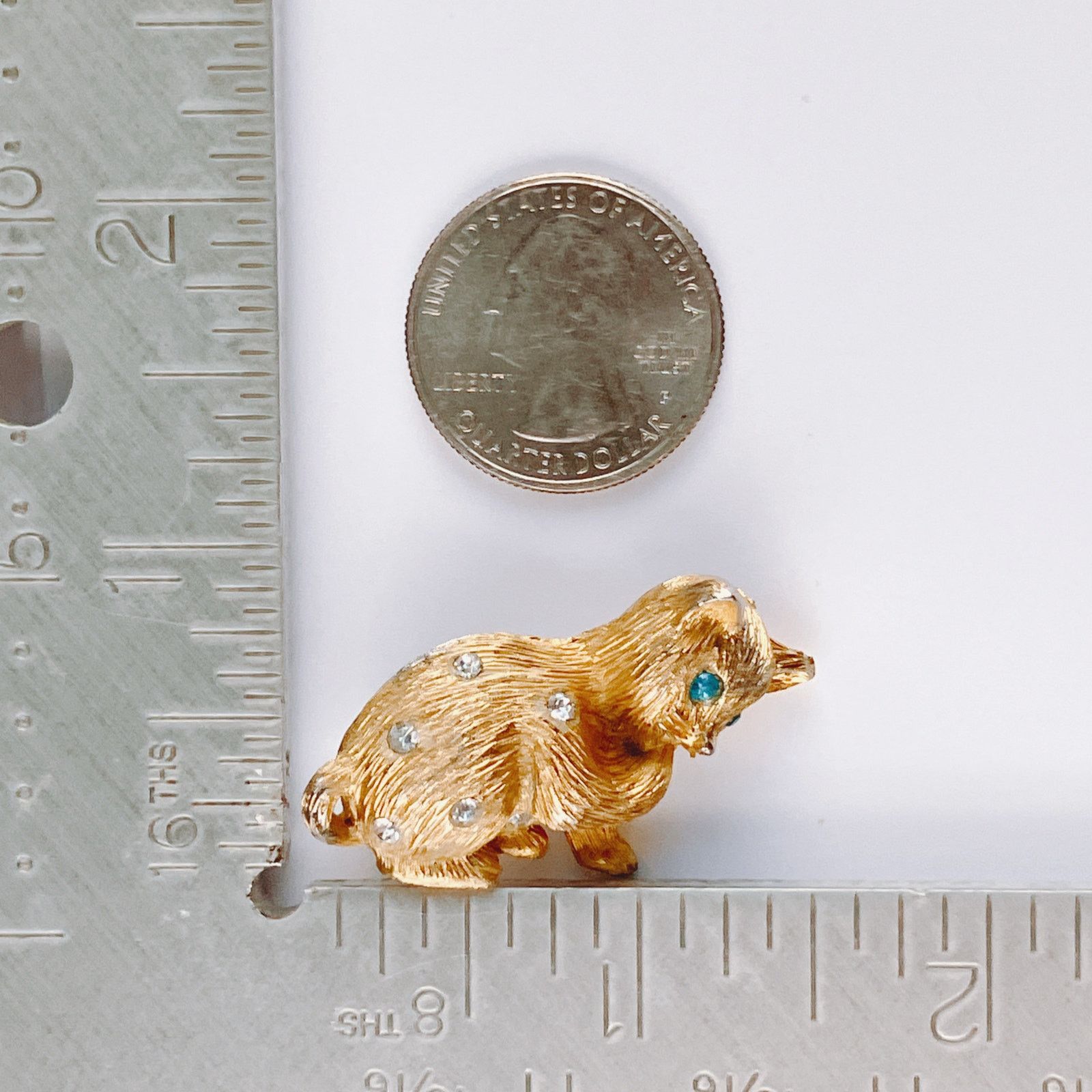 Vintage VTG Mid Century Gold Tone Cat Brooch Aqua Rhinestone Size ONE SIZE - 10 Thumbnail