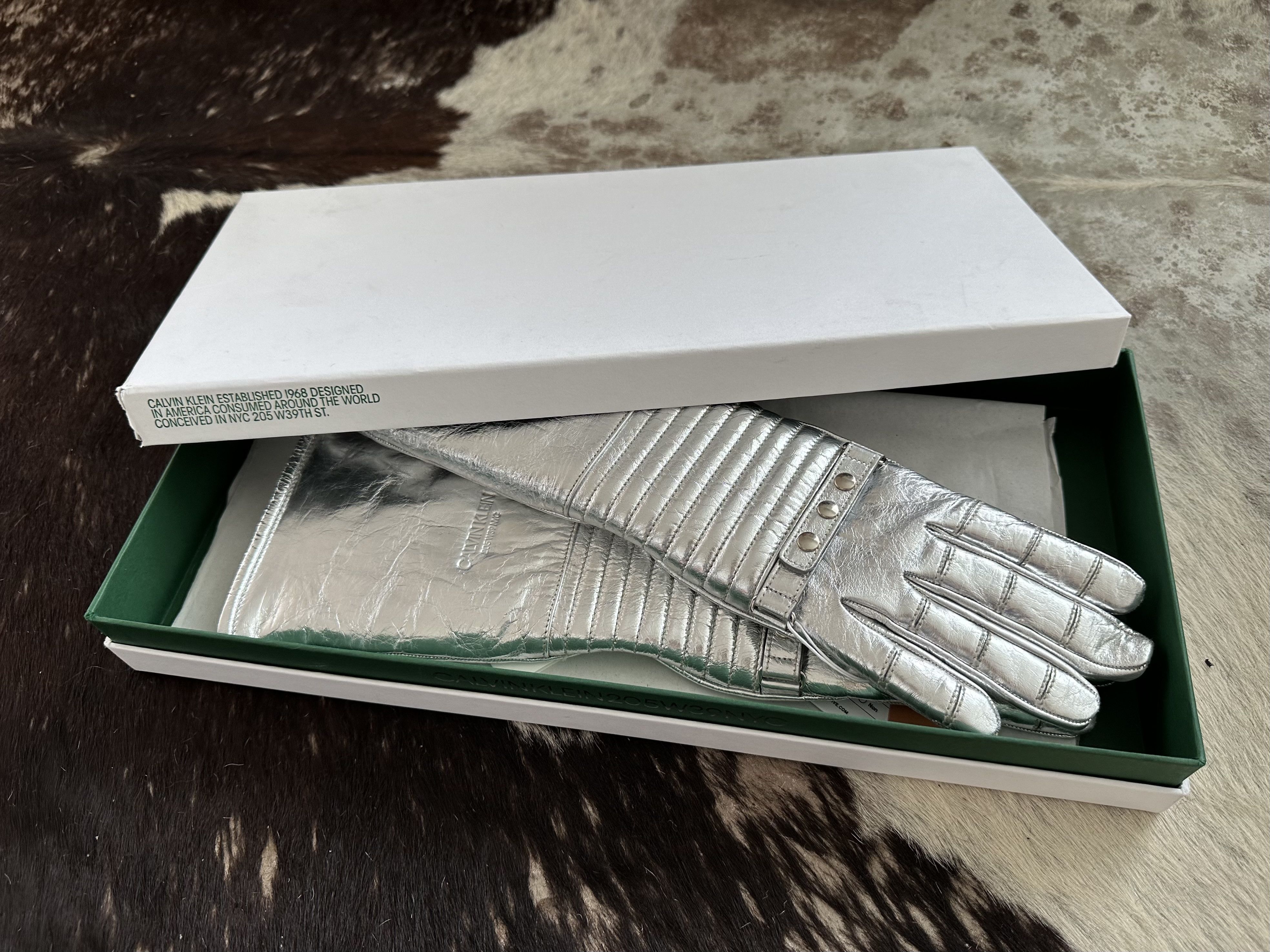 Calvin Klein 205W39NYC × Raf Simons A/W 18 Silver Leather Astro Gloves Size ONE SIZE - 1 Thumbnail