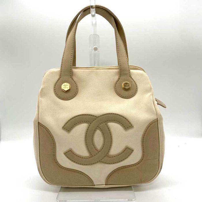 CHANEL Marshmallow Handbag Canvas Tote Bag Coco Mark Ivory Beige