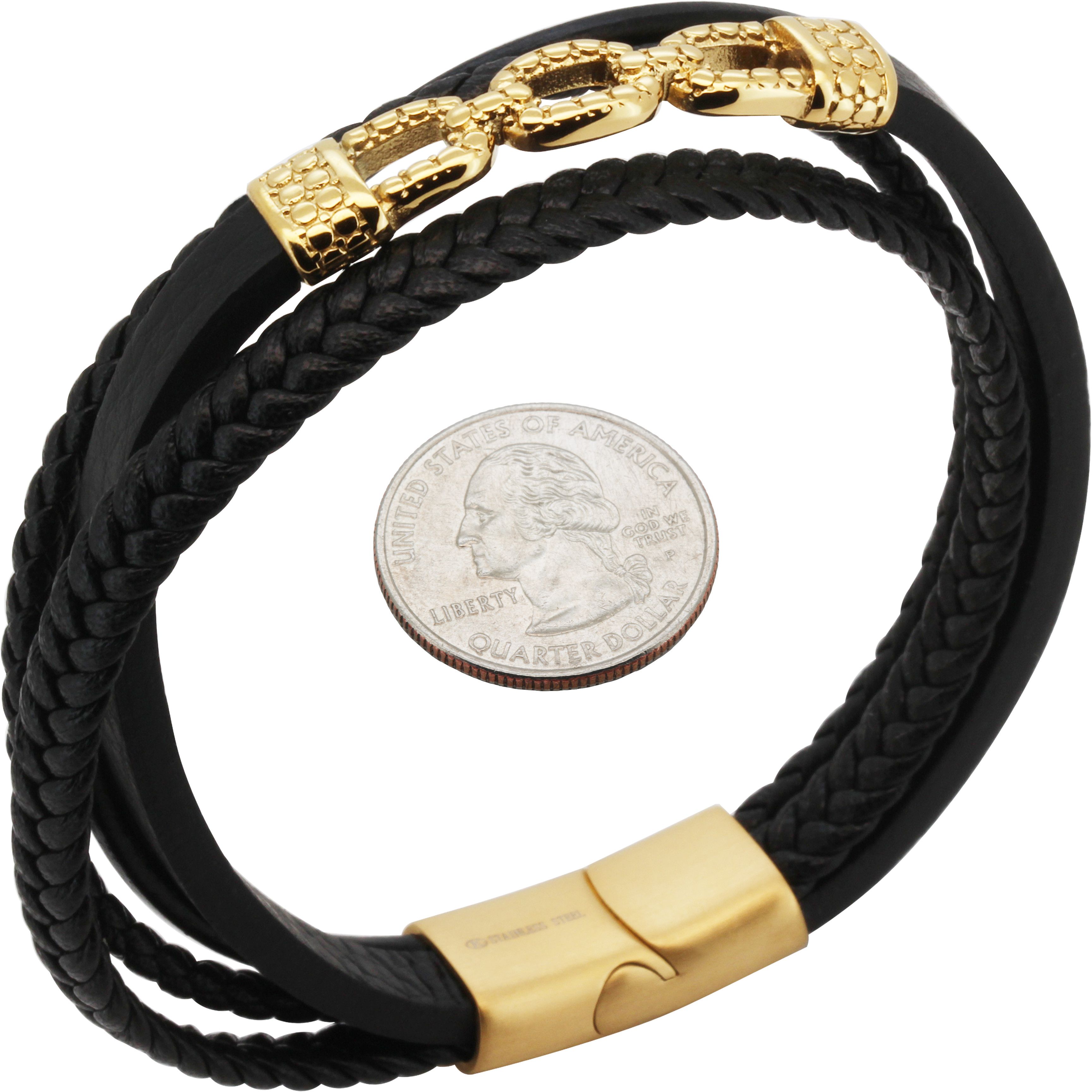 Other 316L Stainless Steel 18k GP 17mm Cable Leather Bracelet 8.5” Size ONE SIZE - 1 Preview