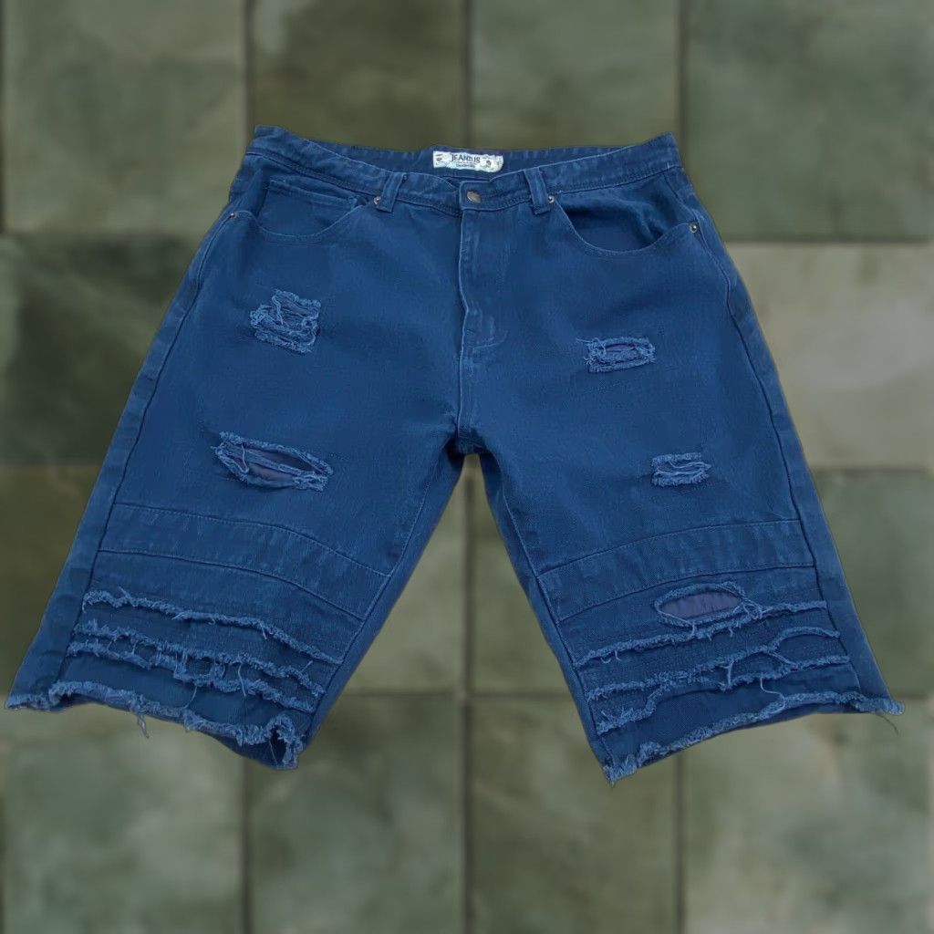 Denime Jeanius Mens Denim Shorts 36 Blue Denim Distressed Frayed 12.5 Inch Inseam Size US 36 / EU 52 - 1 Thumbnail