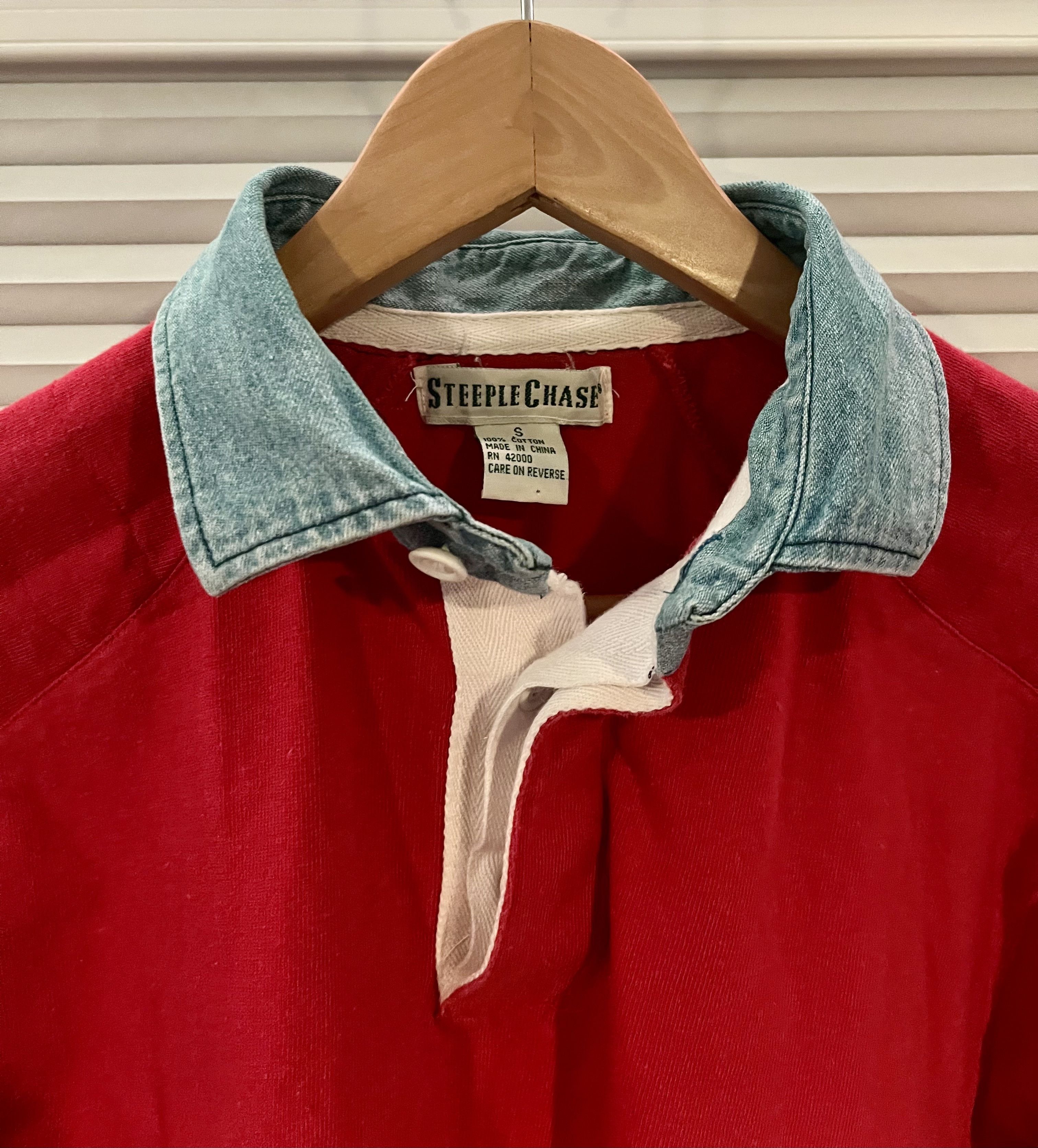 Steeplechase Vintage Red Rugby Shirt with Denim Collar - Size S Size US S / EU 44-46 / 1 - 3 Thumbnail