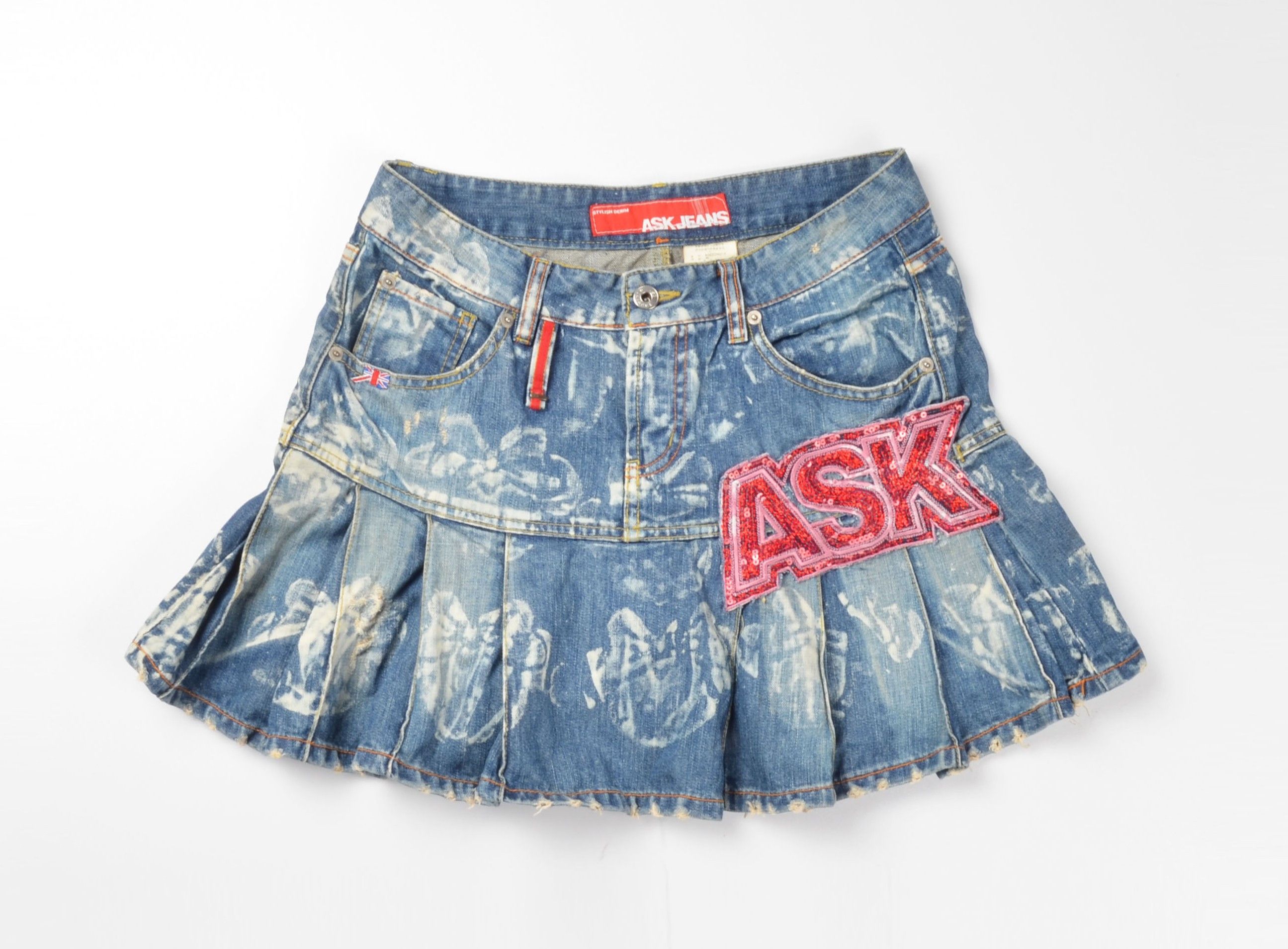 Other Vintage Ask Jeans Y2K Denim Pleated Logo Patch Mini Skirt Size 30" / US 8 / IT 44 - 1 Thumbnail