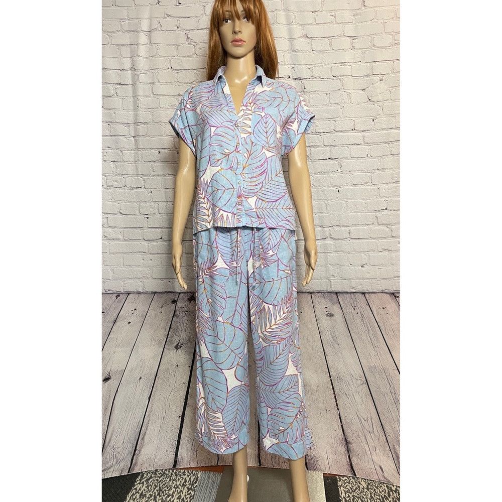 Cynthia Rowley NWT New Cynthia Rowley Linen Blue Tropical Leaf Shirt Pants Size 26" / US 2 / IT 38 - 1 Thumbnail