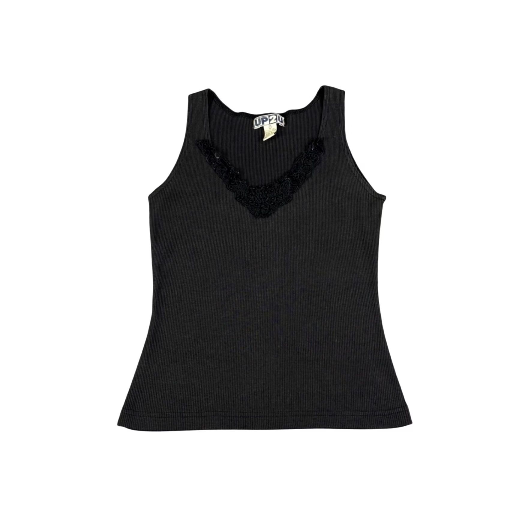 Vintage Up2U Black Tank Top Womens M Sleeveless Lace Trim V-Neck Camisole Shirt Shirt Size M / US 6-8 / IT 42-44 - 2 Thumbnail