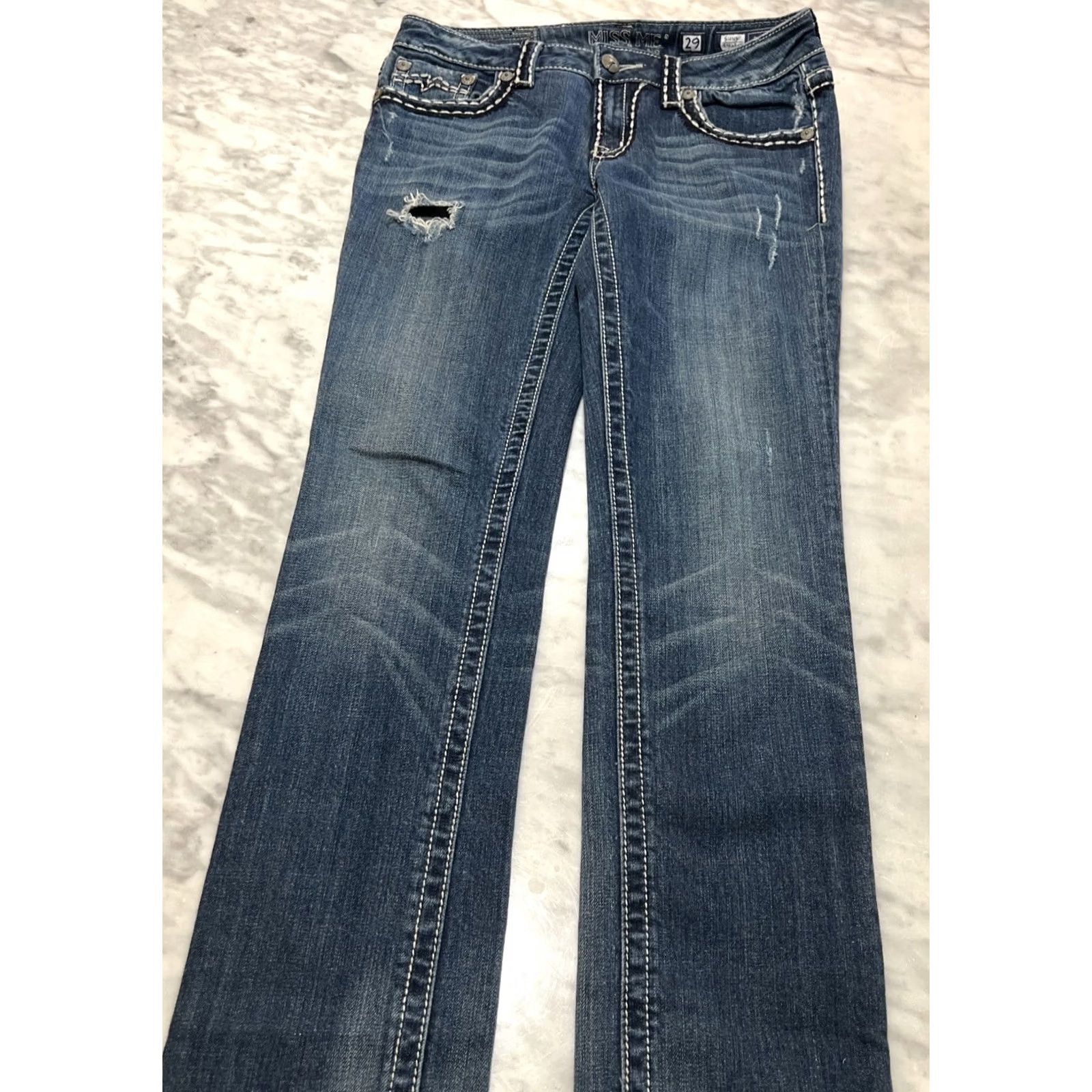 Miss Me Miss Me Jeans Skinny Straight Low Rise 29 Thrashed Cotton Elastn Style JPD1033ST Size 29" - 4 Thumbnail