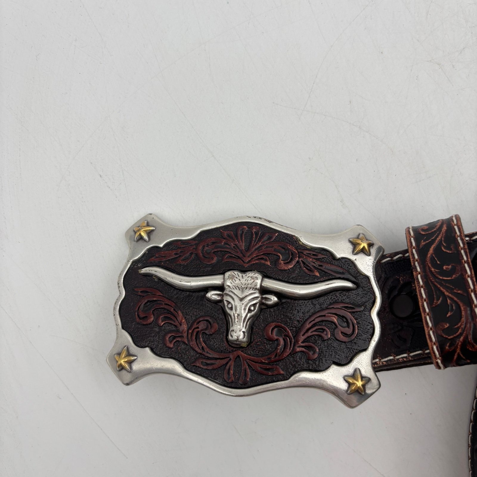 Justin Justin Classic Longhorn Tooled Leather Western Belt USA 36 Size 36 - 5 Thumbnail