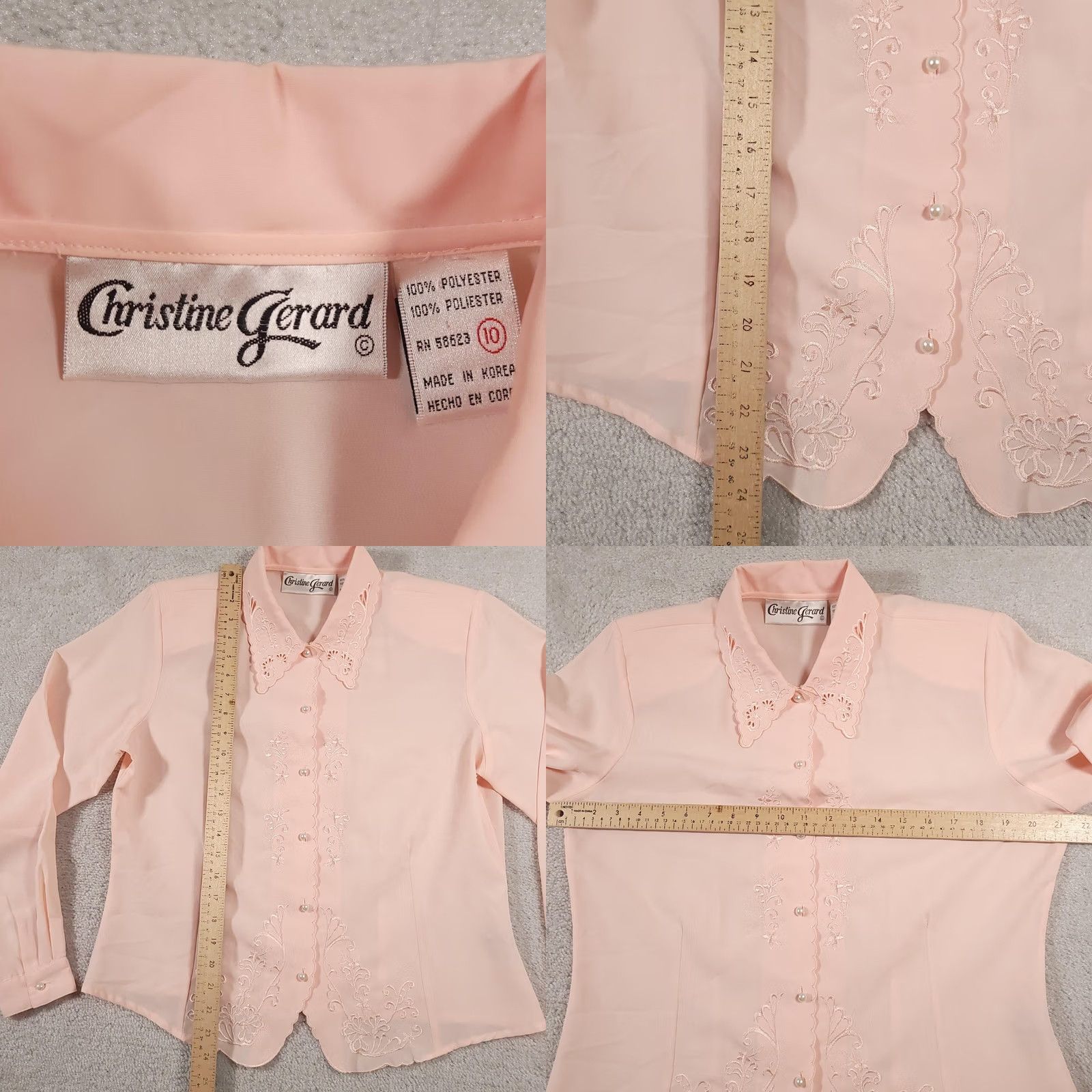 Vintage Christine Gerard Blouse Womens 10 Pink Embroidered Pearl Button Long Sleeve Top Size L / US 10 / IT 46 - 8 Thumbnail