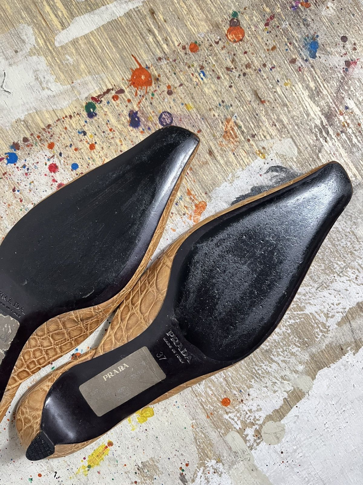 Prada Prada Tan Leather Crocodile Pattern Mules Size US 7 / IT 37 - 10 Thumbnail